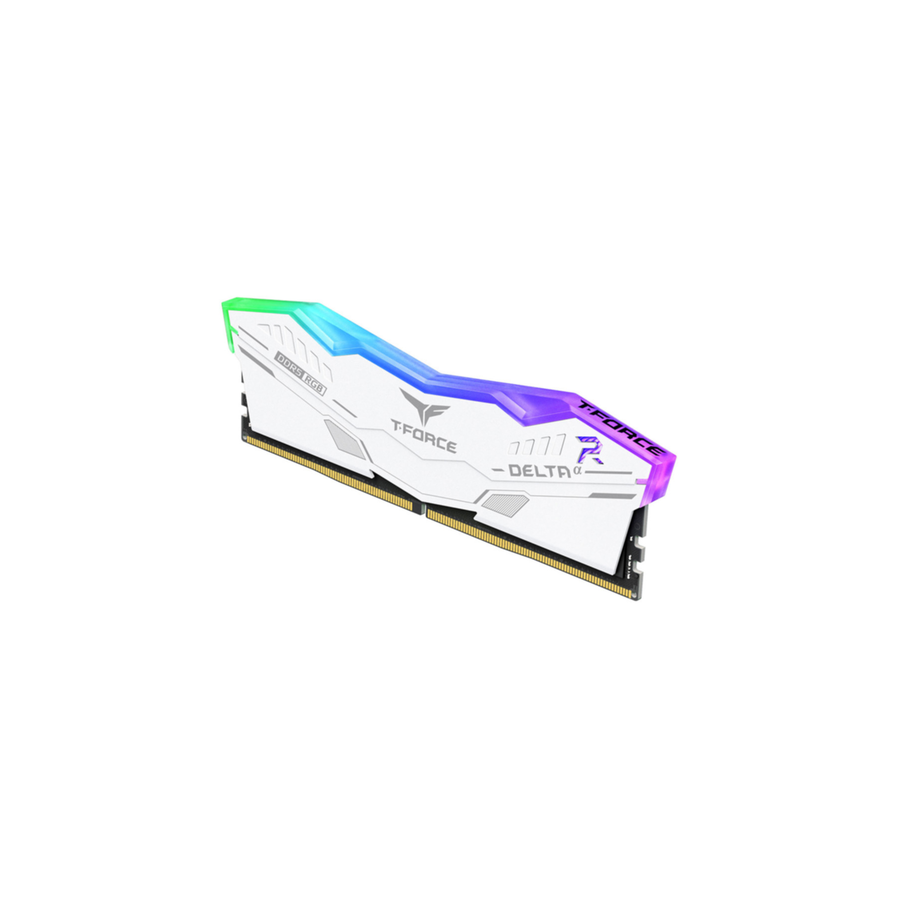A white T-Force Delta α RGB RAM stick with colorful lighting on a white background.