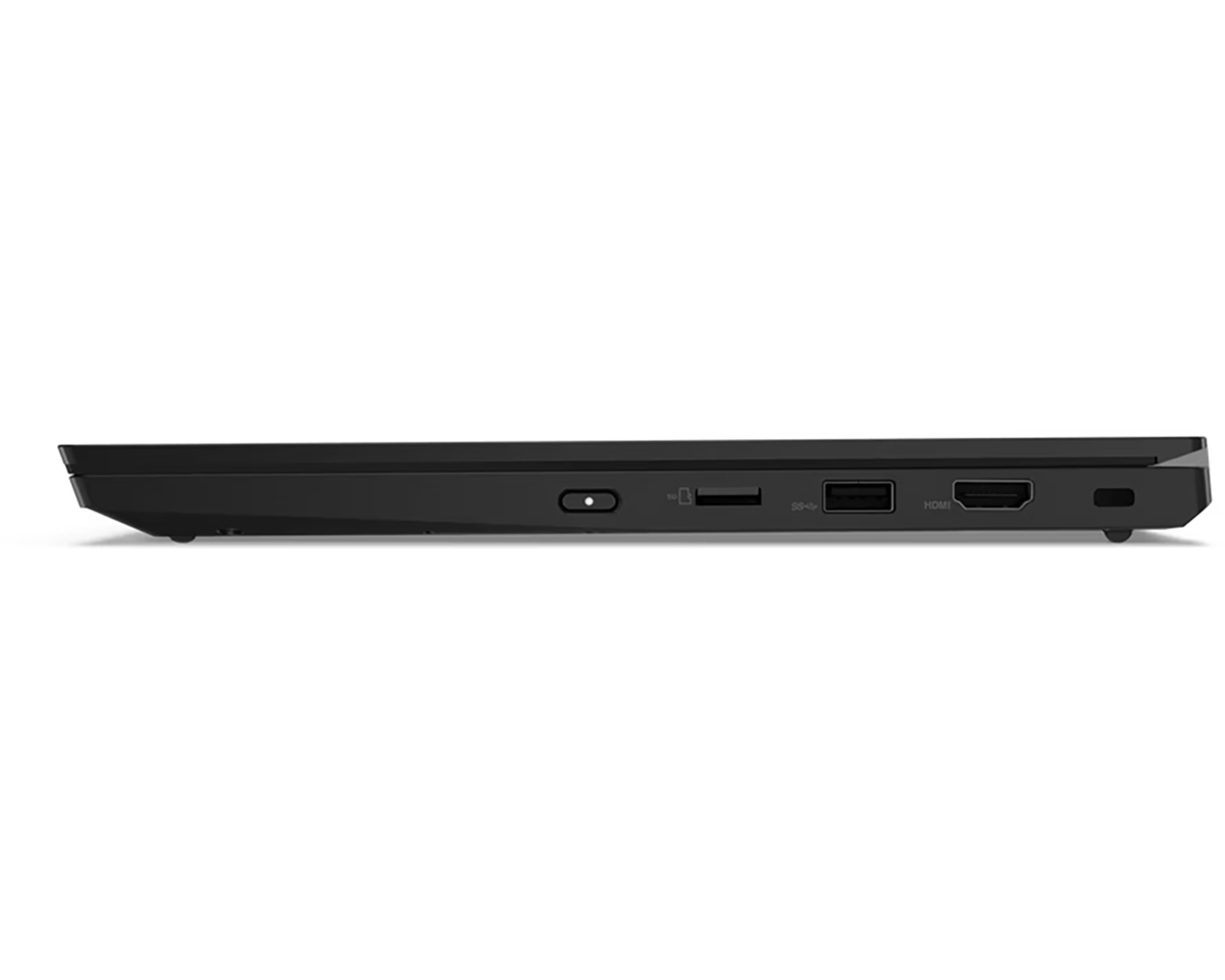 Side view of a black laptop. Visible ports include power, USB, HDMI, and others. The laptop is on a white background.