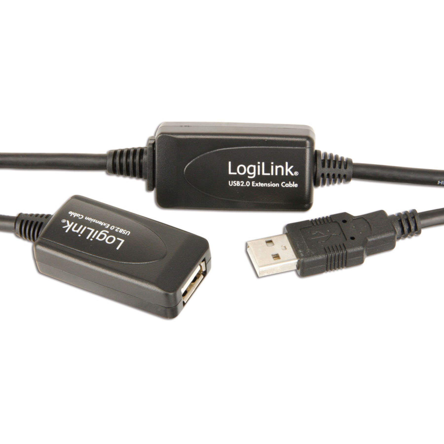 Tre cavi di prolunga USB 2.0 LogiLink neri su sfondo bianco. Un'estremità ha un connettore USB.