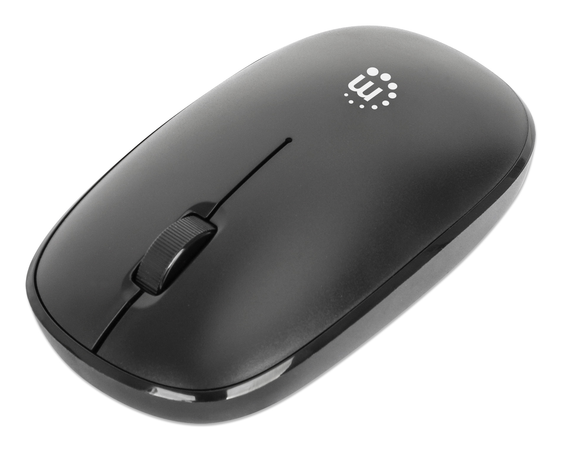 Un mouse per computer wireless nero con una rotella di scorrimento e un logo sulla parte superiore. È su sfondo bianco.