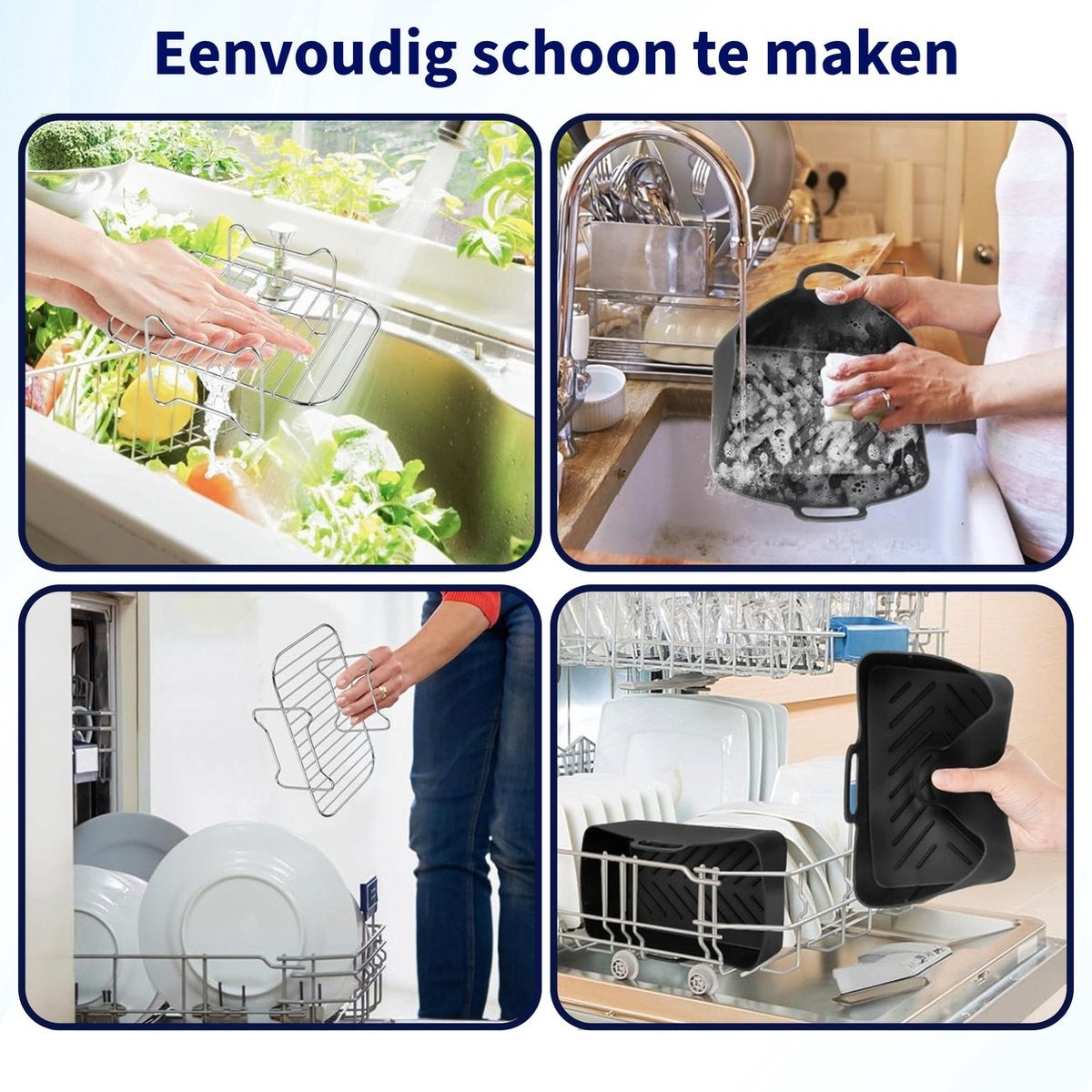 Images show cleaning kitchen items. Hands washing a rack, a container, and a tray. Dishes are in a dishwasher.