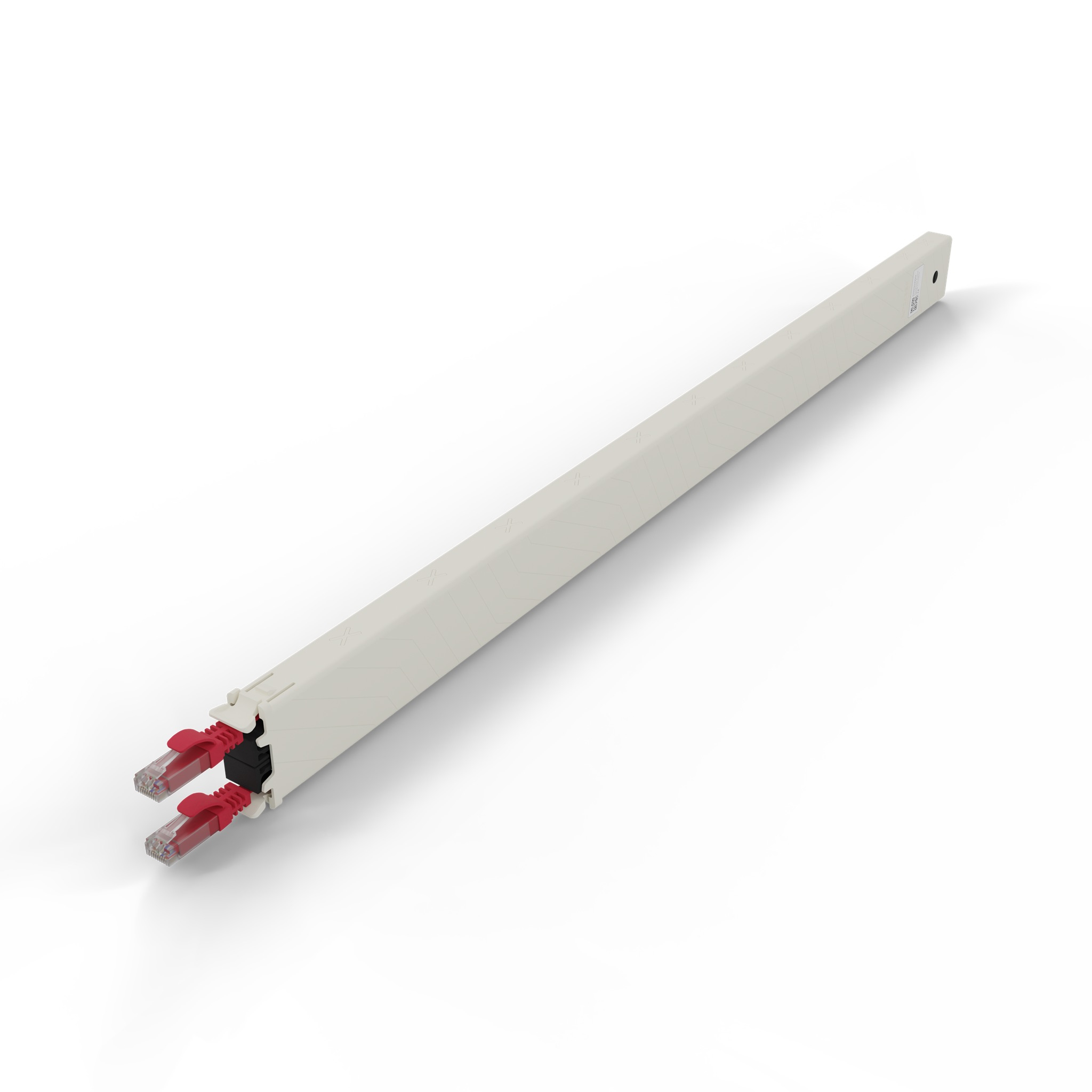Un chemin de câbles blanc cassé avec deux connecteurs Ethernet rouges et transparents sur fond blanc.