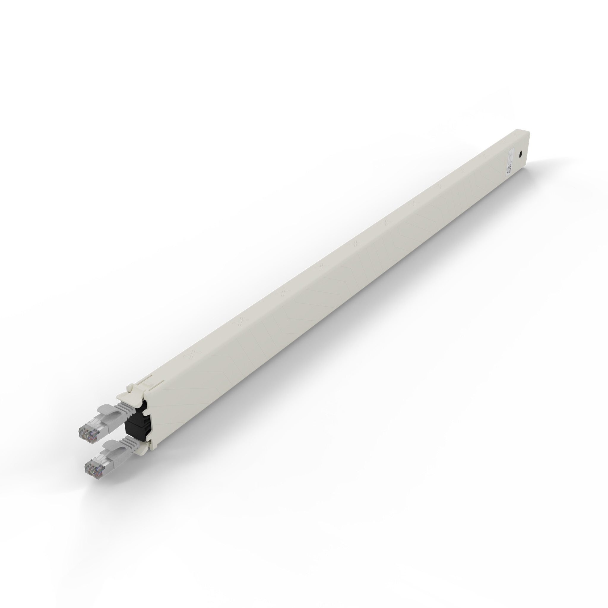 Długi, beżowy, prostokątny kanał do zarządzania kablami z dwoma złączami na jednym końcu, na białym tle.