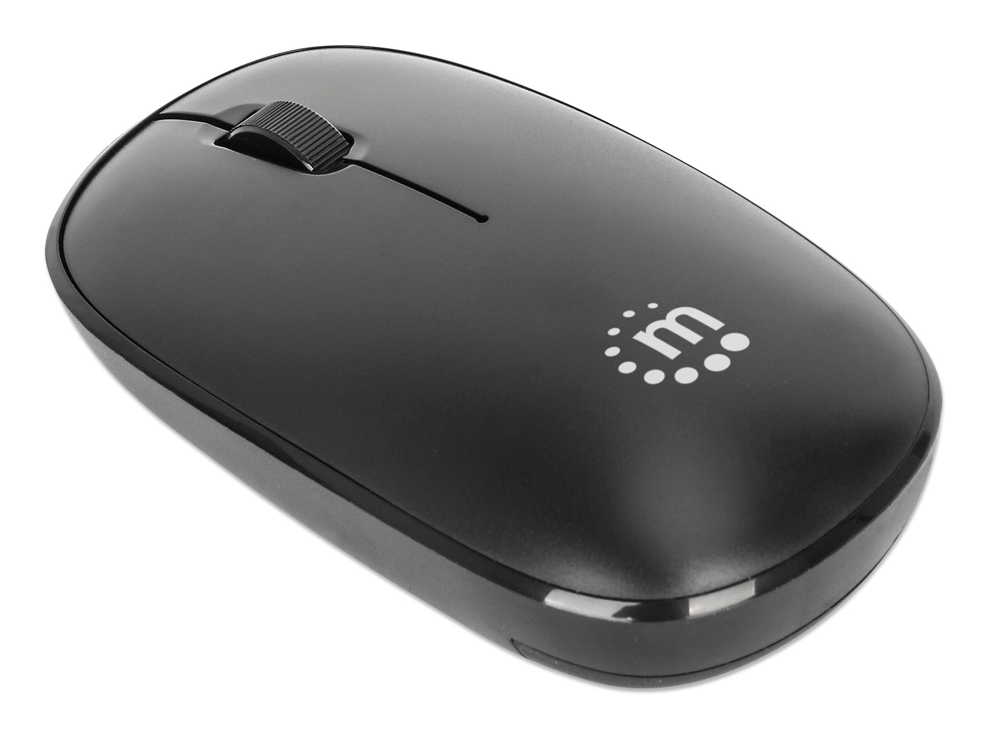 Un mouse per computer wireless nero con rotella di scorrimento e logo su sfondo bianco.