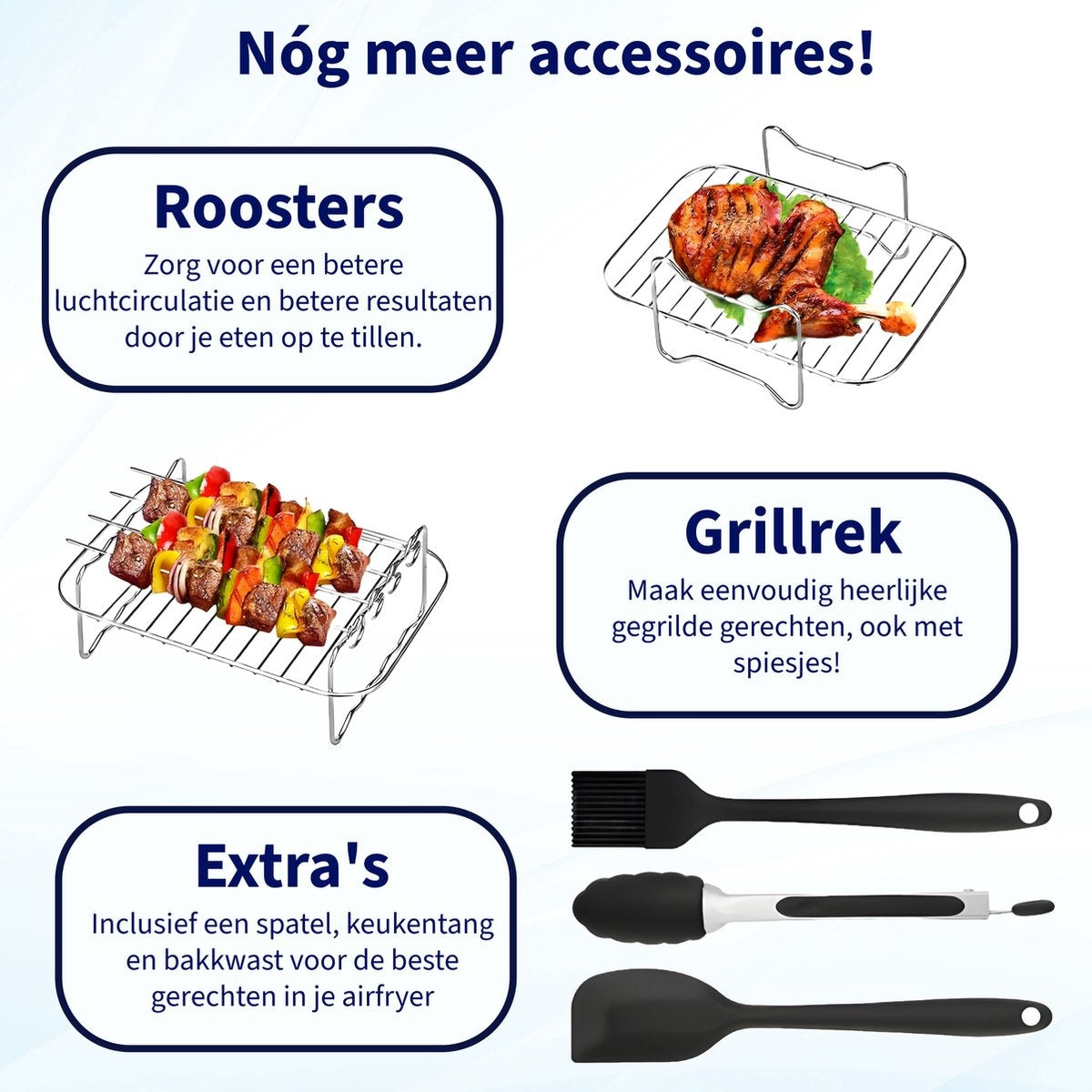 Image shows accessories for an air fryer. Includes a grill rack with grilled meat, skewers, and cooking utensils. Text in Dutch.