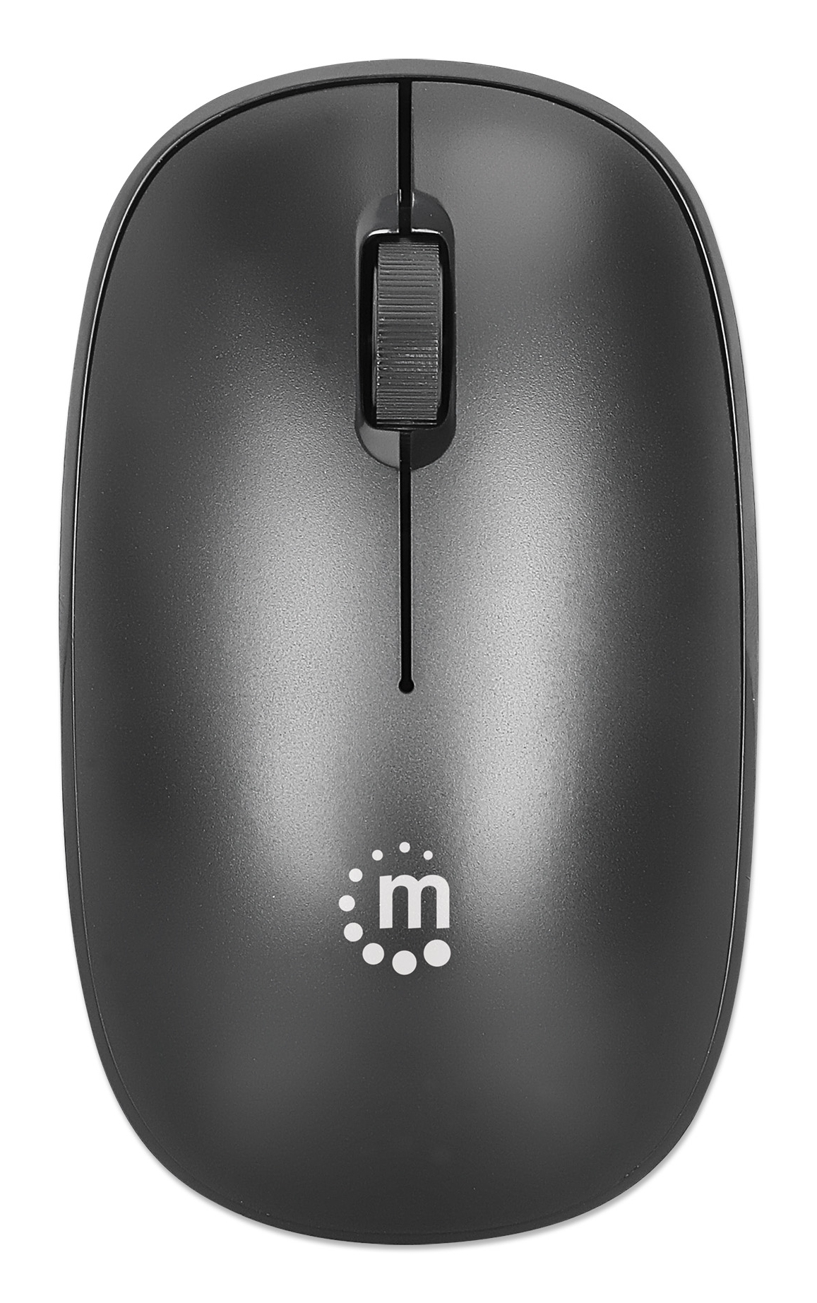 Un mouse per computer nero con una rotella di scorrimento e un logo in basso. È su sfondo bianco.