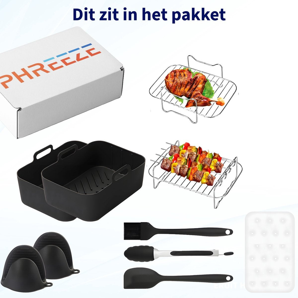 An assortment of air fryer accessories. Includes a box, two black baskets, cooking racks with food, silicone tools, oven mitts, and an ice cube tray.
