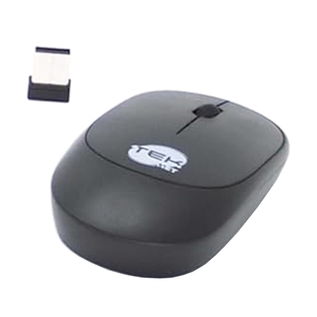 Un mouse nero e un piccolo ricevitore bianco e nero su sfondo bianco. Il mouse ha un logo.