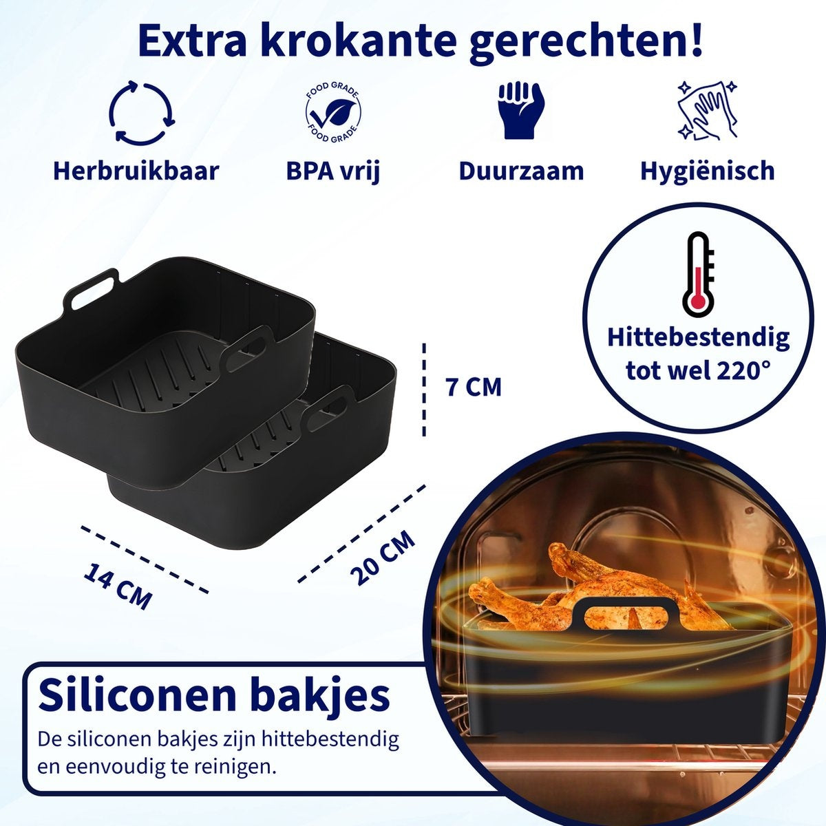 Black silicone baking trays, reusable, BPA-free, durable, and hygienic, with a chicken inside an oven. Text: heat resistant up to 220°.