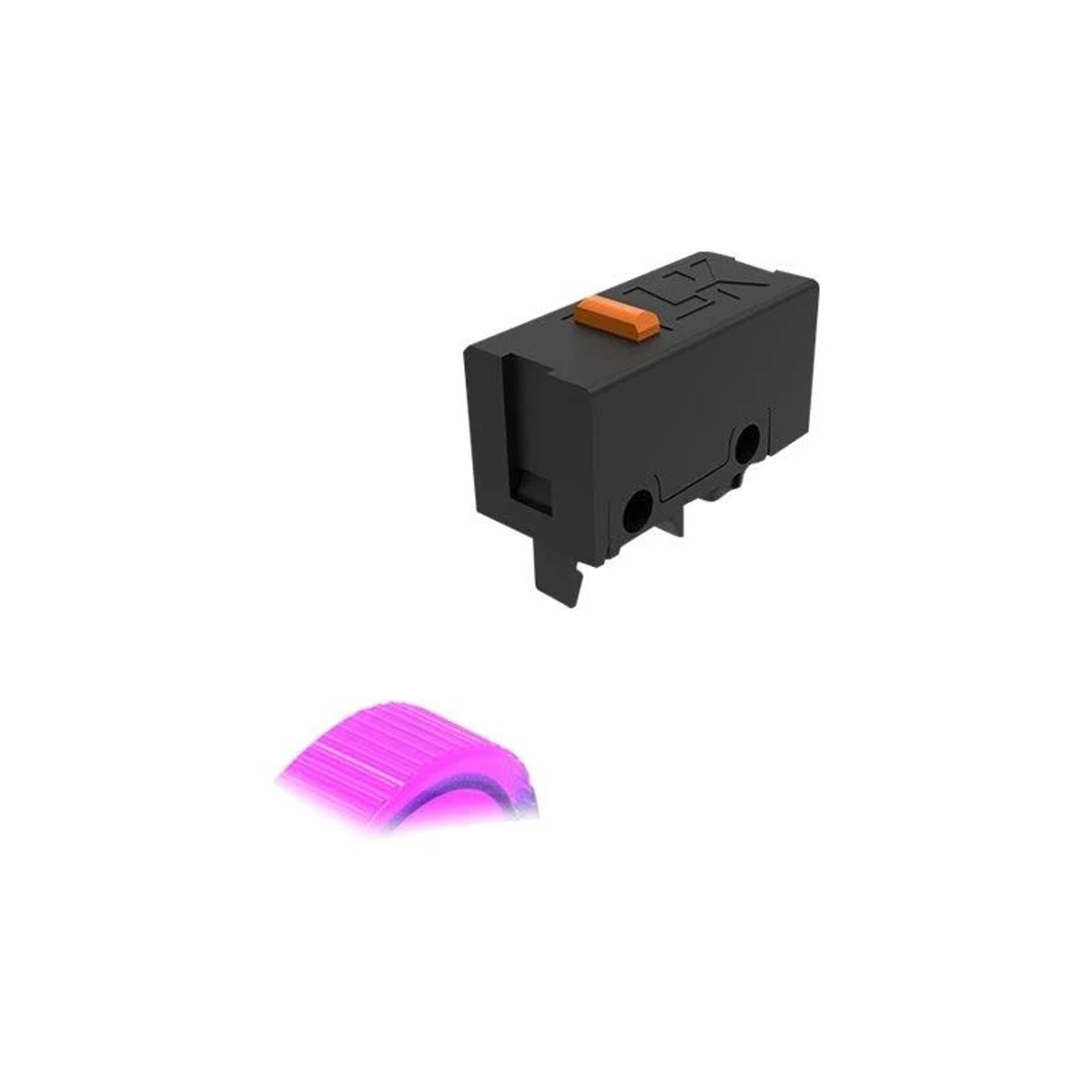 Beyaz zemin üzerinde turuncu bir düğme bulunan siyah bir elektrik bileşeni. Altta pembe bir parlayan yay.