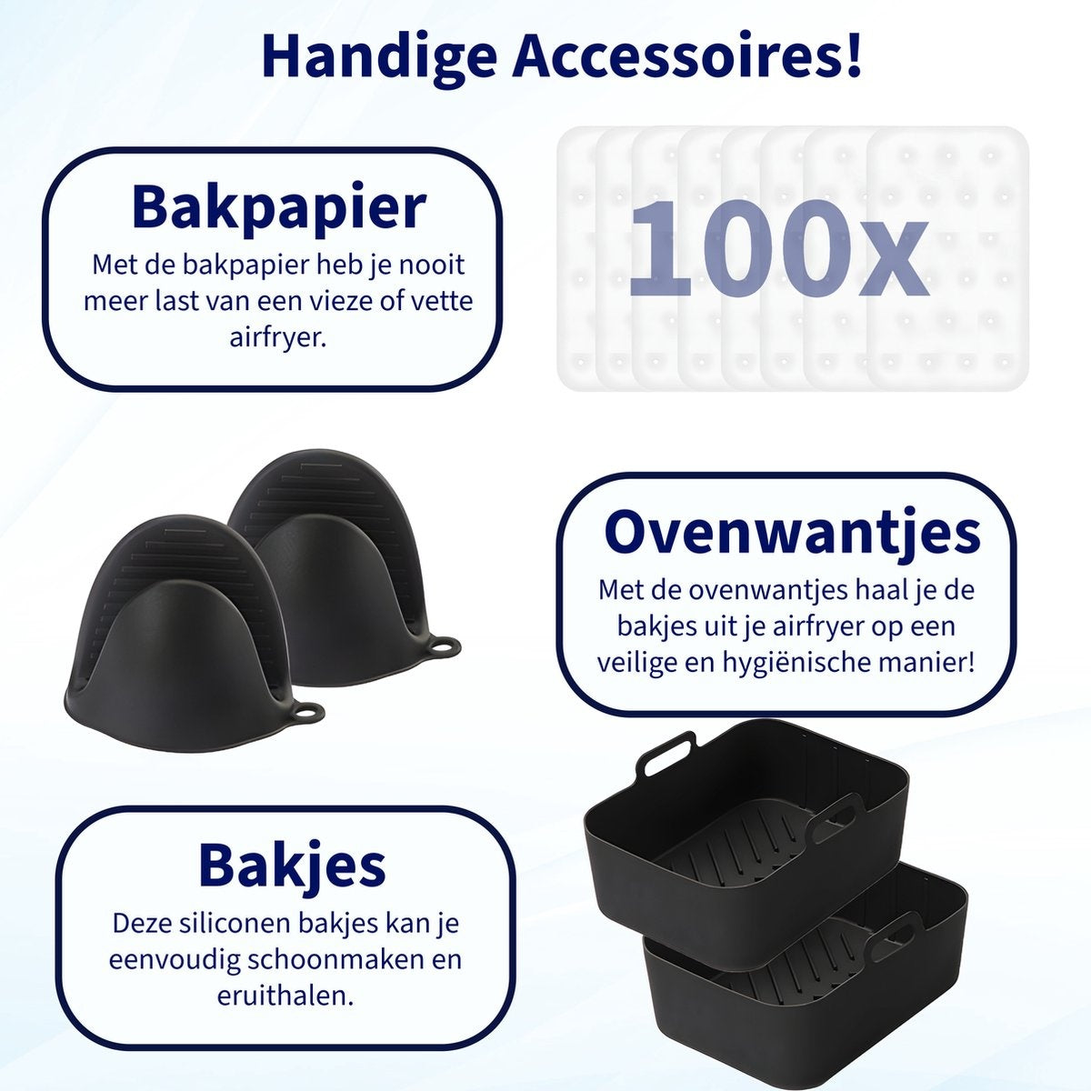 Image shows air fryer accessories: baking paper, oven mitts, and silicone baskets. Text in Dutch describes each item's function.