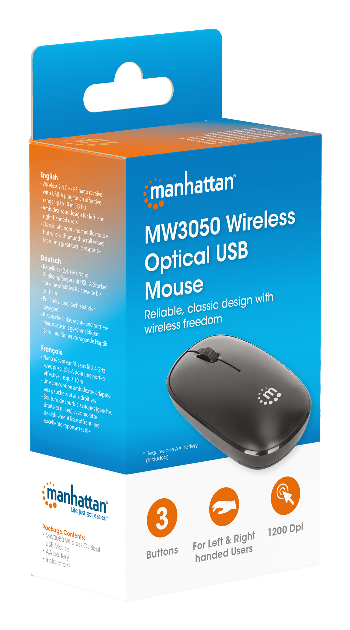 Un mouse USB ottico wireless Manhattan MW3050 nero su una scatola del prodotto. La scatola è bianca e blu con accenti arancioni.