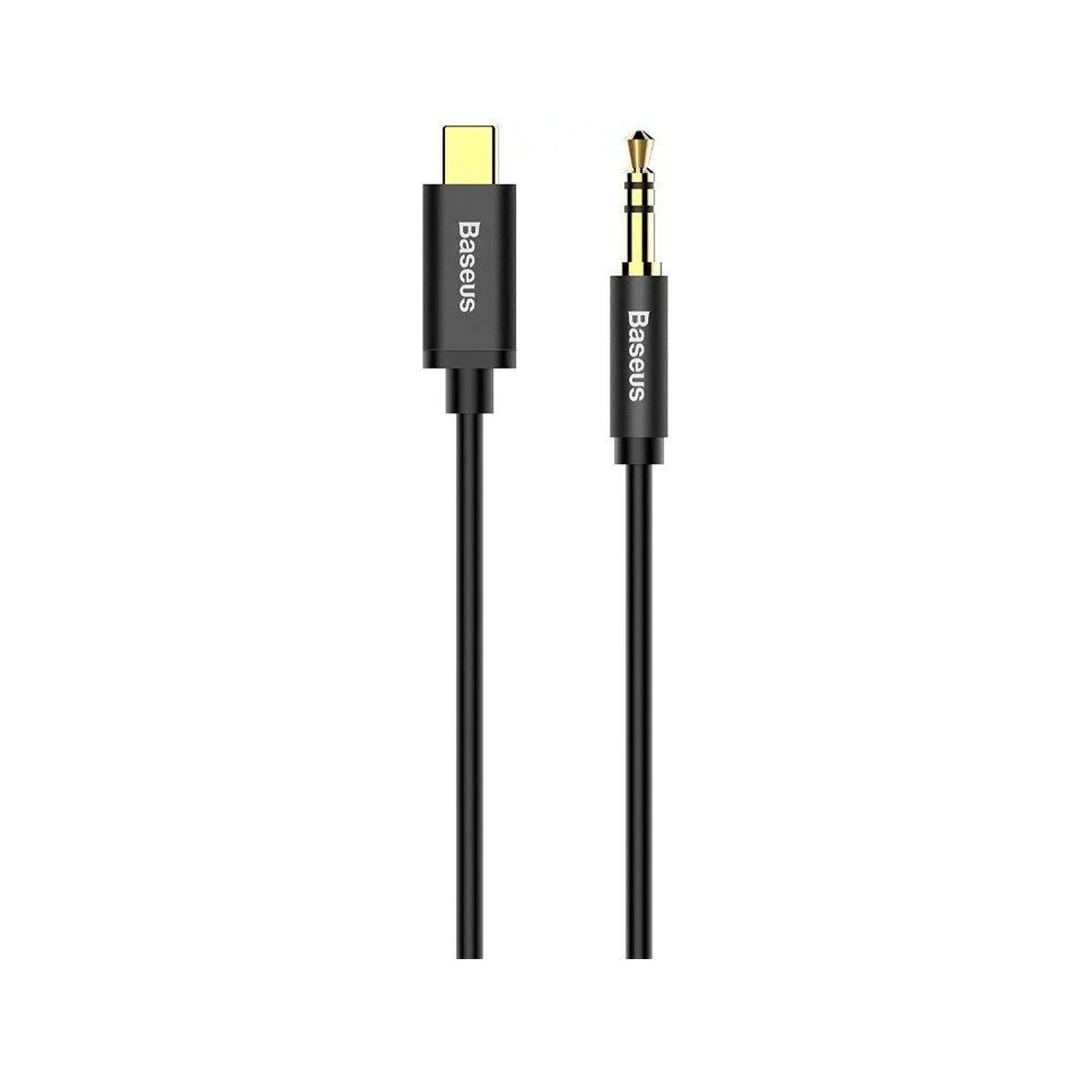 Câble audio Baseus noir. Une extrémité est USB-C, l'autre est une prise jack 3,5 mm. Les deux extrémités ont le logo Baseus.