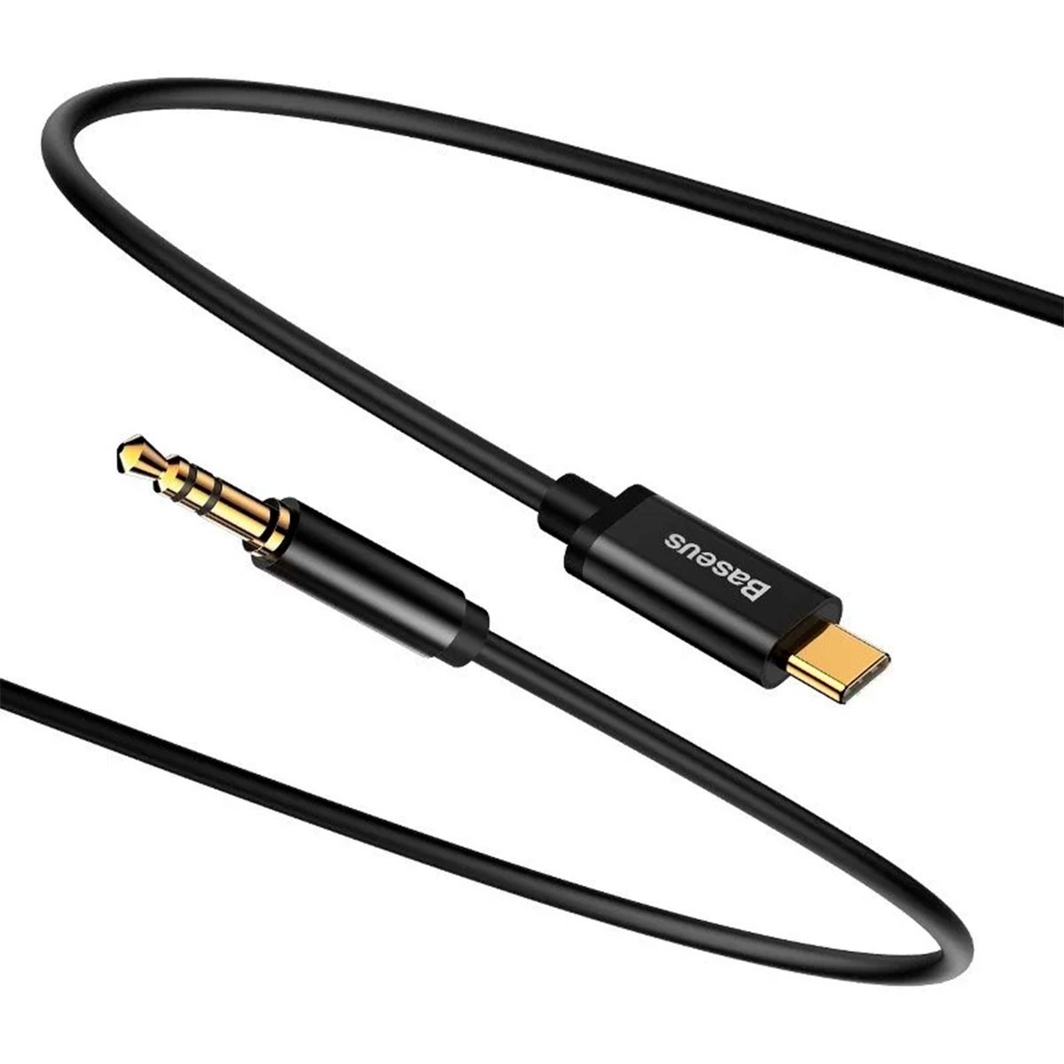 Un câble Baseus noir avec une prise jack 3,5 mm et un connecteur USB-C. Le câble est sur fond blanc.