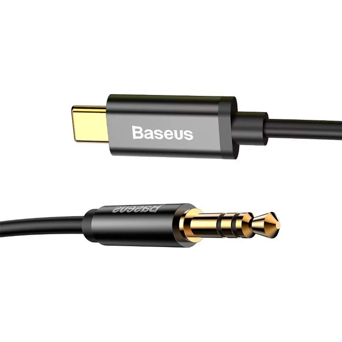 Un câble audio noir Baseus avec un connecteur USB-C et un connecteur jack 3,5 mm. Les connecteurs sont dorés et argentés.