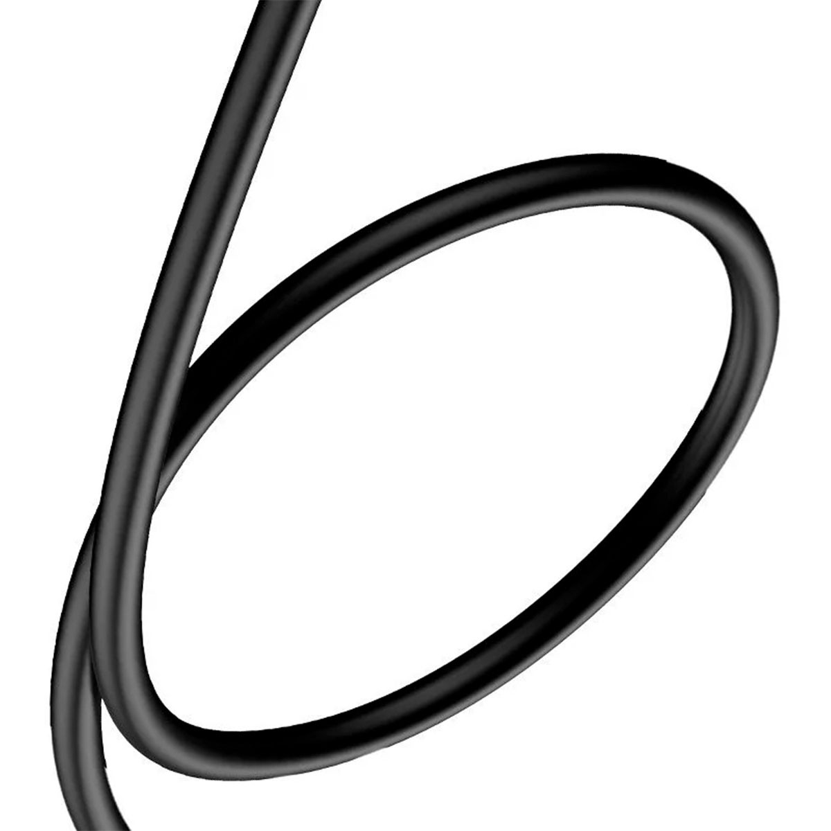 Câble noir formant une boucle et une ligne droite sur fond blanc. Le câble est épais et courbé.