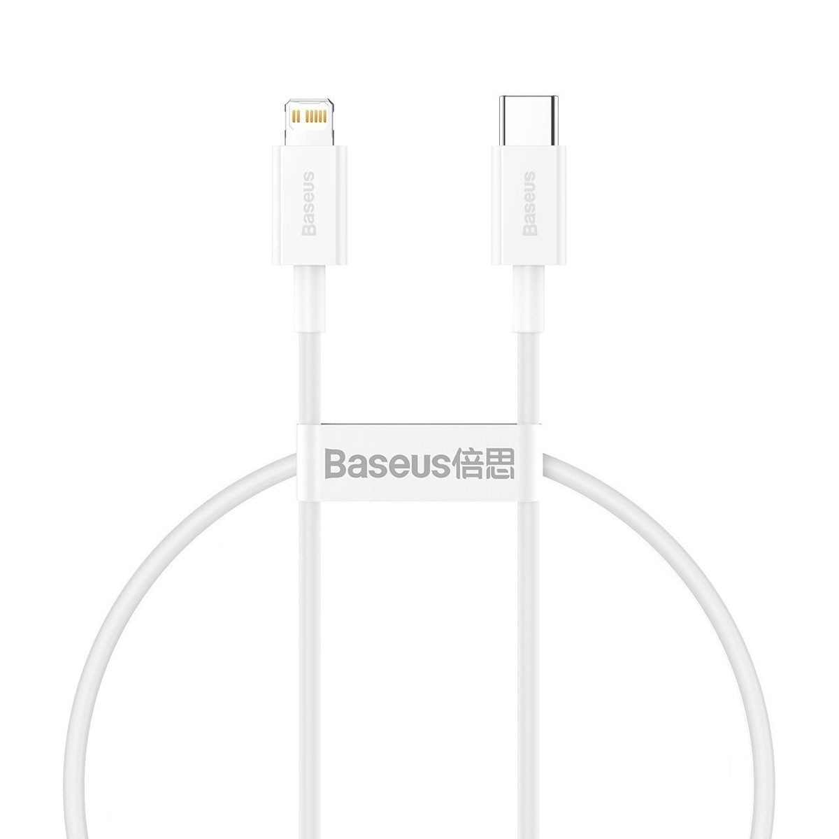 Cavo Baseus USB-C a Lightning bianco. Connettori su entrambe le estremità, con logo Baseus sul cavo.