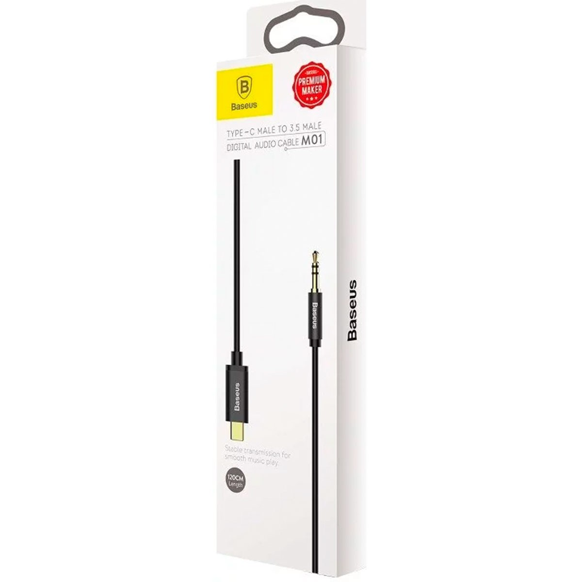 Un câble audio Baseus noir pour Type-C vers 3,5 mm, présenté sur son emballage blanc. L'emballage porte le logo Baseus et les informations sur le produit.