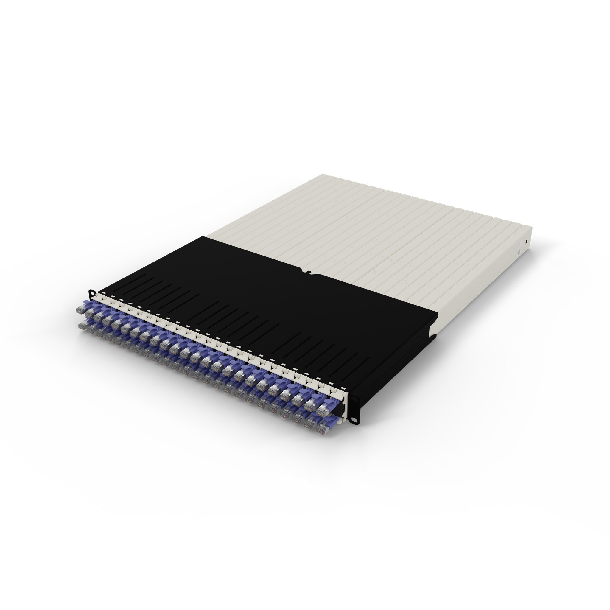 Szafa serwerowa z czarnymi i białymi panelami oraz wieloma niebieskimi i przezroczystymi złączami. Tło jest białe.