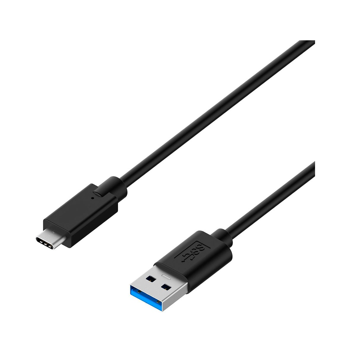 Un cavo USB nero con un connettore USB-C a un'estremità e un connettore USB-A all'altra. I connettori hanno un interno blu.