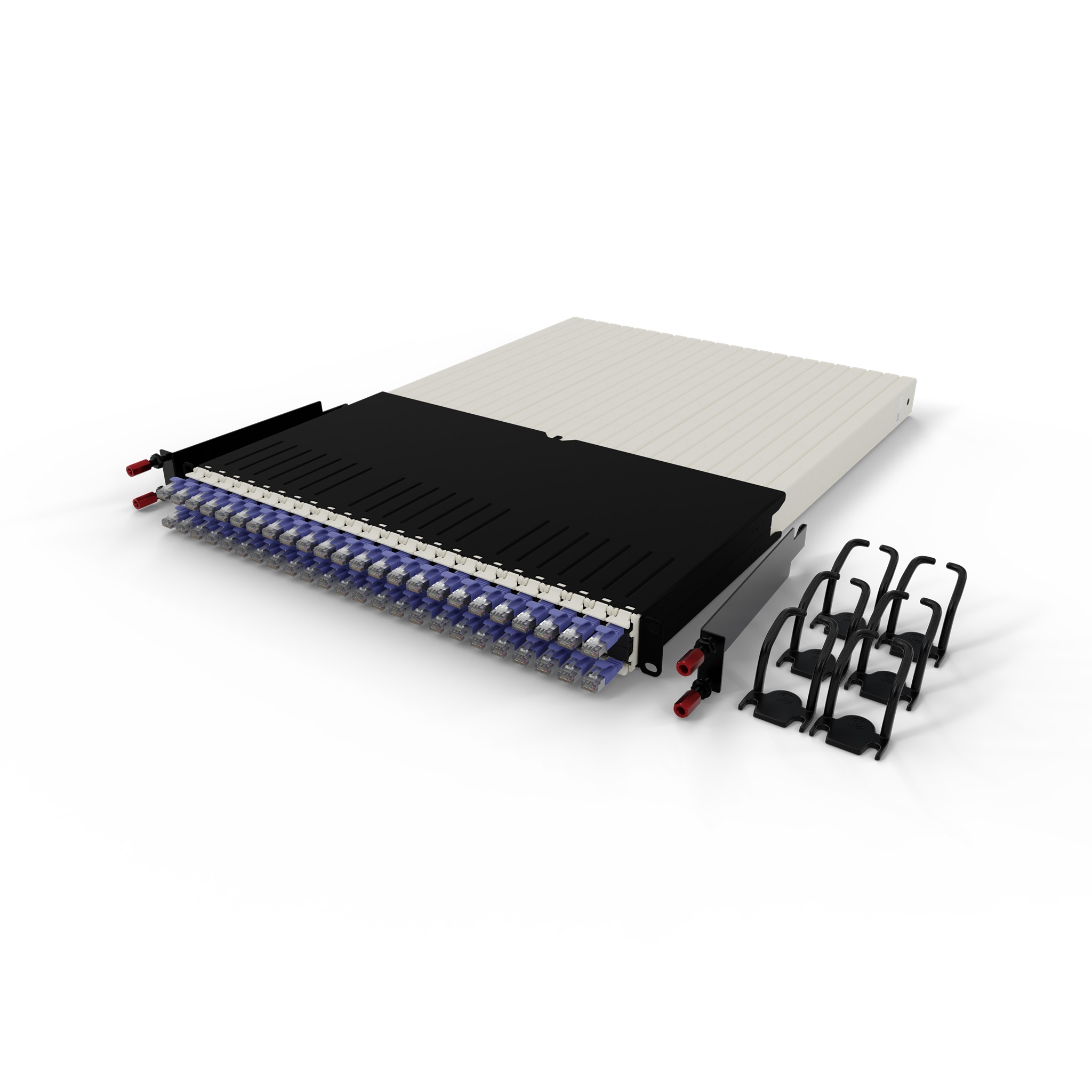 Szafa serwerowa ze złączami RJ45. Czarne i beżowe kolory. Kilka czarnych wsporników po prawej stronie szafy.