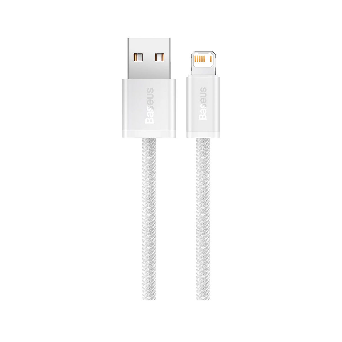 Due cavi di ricarica Baseus bianchi con cavi intrecciati su sfondo bianco. Un'estremità è USB, l'altra è Lightning.