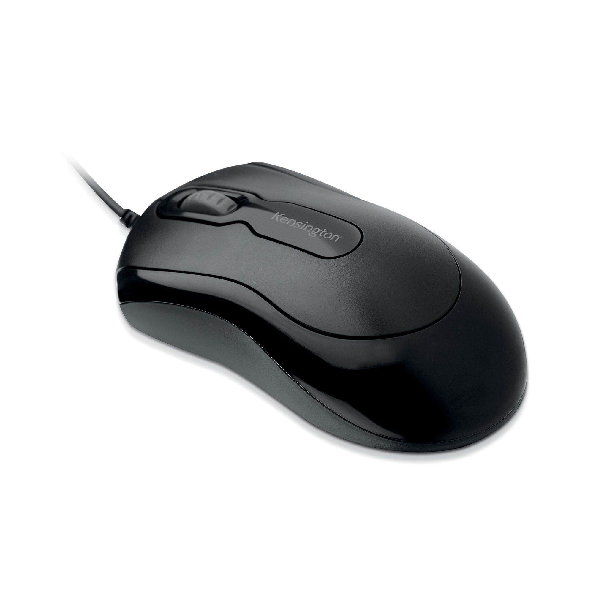 Un mouse Kensington nero con cavo, su sfondo bianco. Il logo Kensington è visibile.