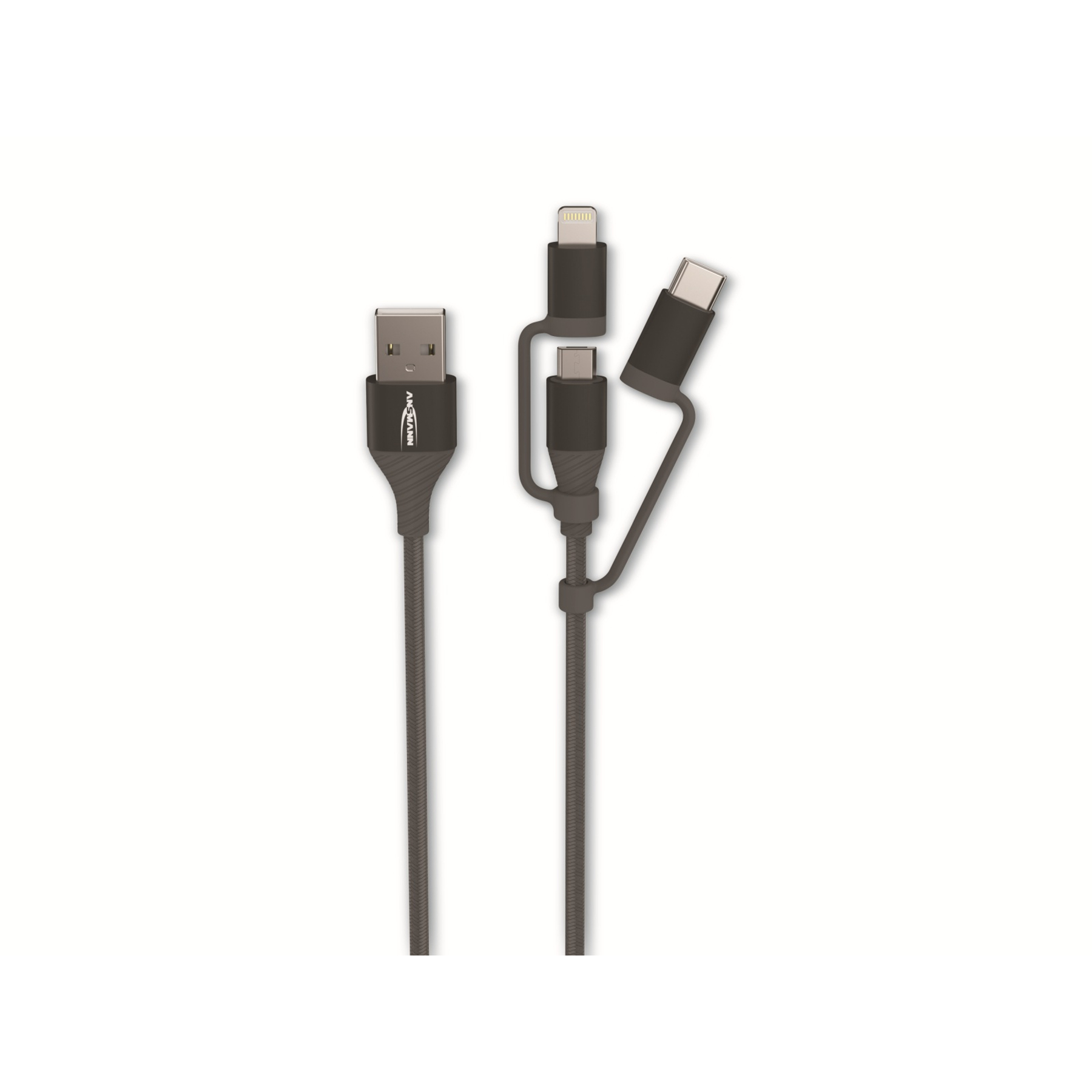 Un cavo di ricarica grigio con più connettori su sfondo bianco. Ha connettori USB, Lightning, USB-C e Micro-USB.
