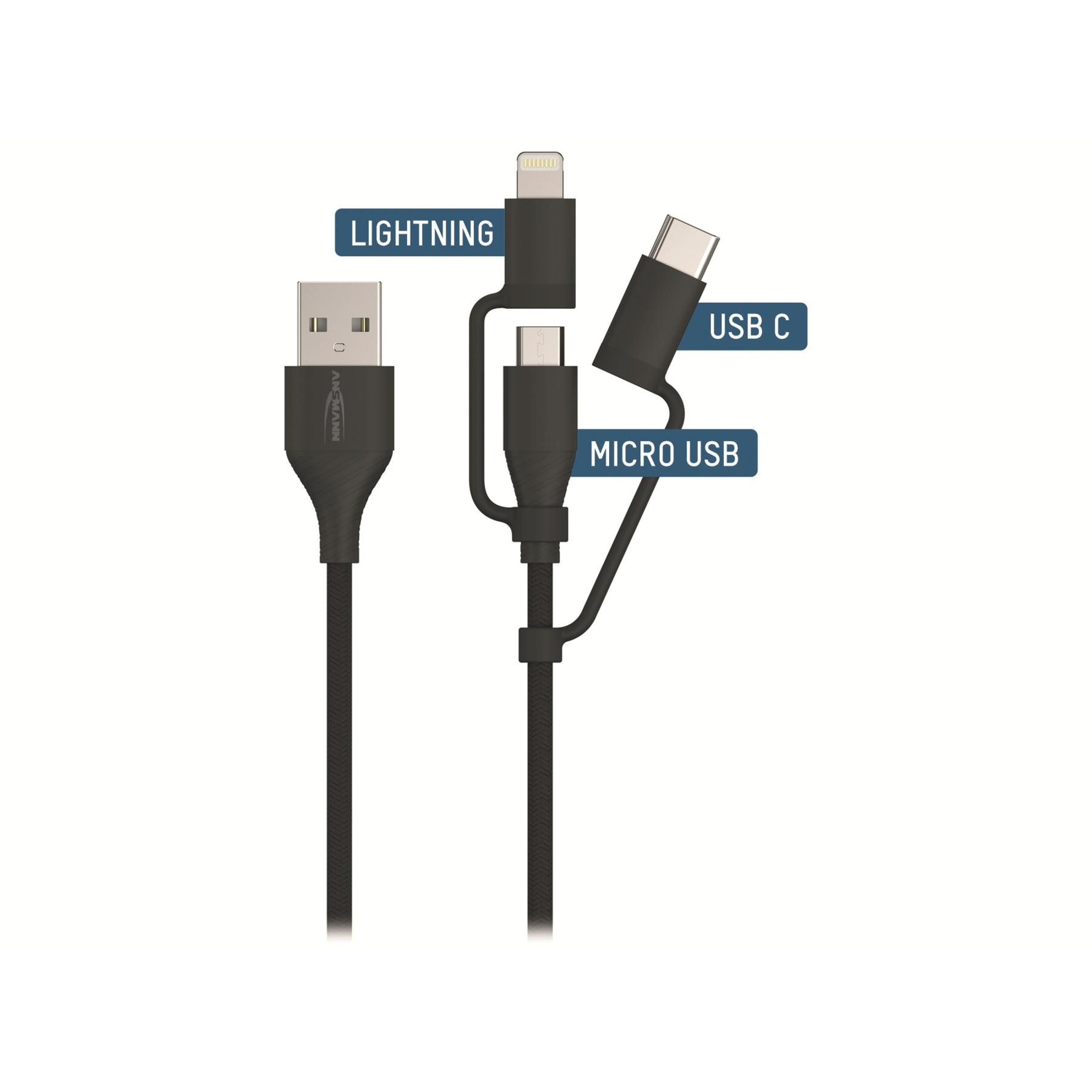 Cavo multi-connettore nero con connettori Lightning, Micro USB e USB-C su sfondo bianco.