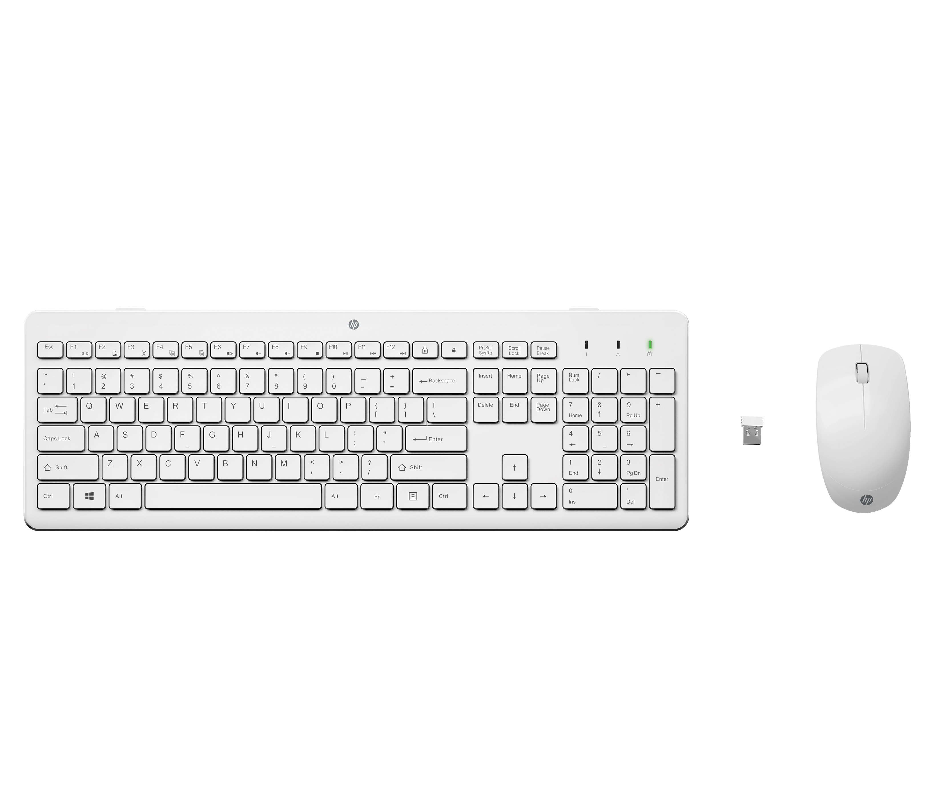 Biała klawiatura, mysz i odbiornik USB HP na białej powierzchni. Widoczne klawisze.