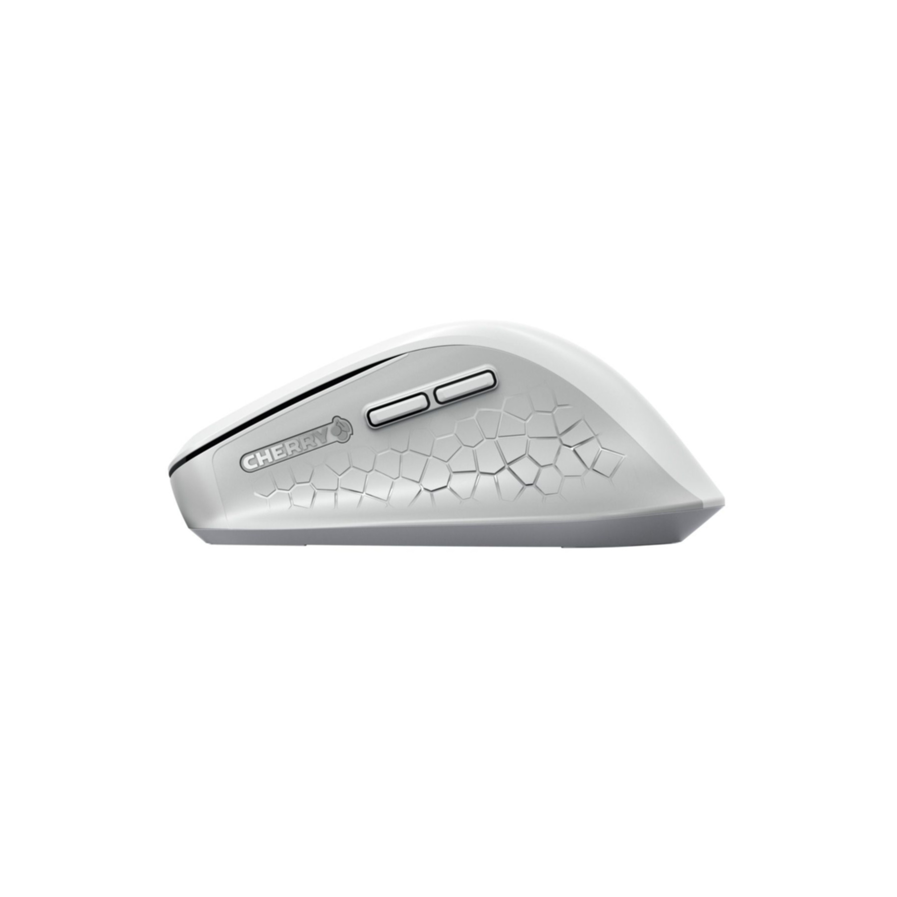 Un mouse per computer wireless bianco con un motivo a nido d'ape sul lato. Il marchio 'CHERRY' è visibile.