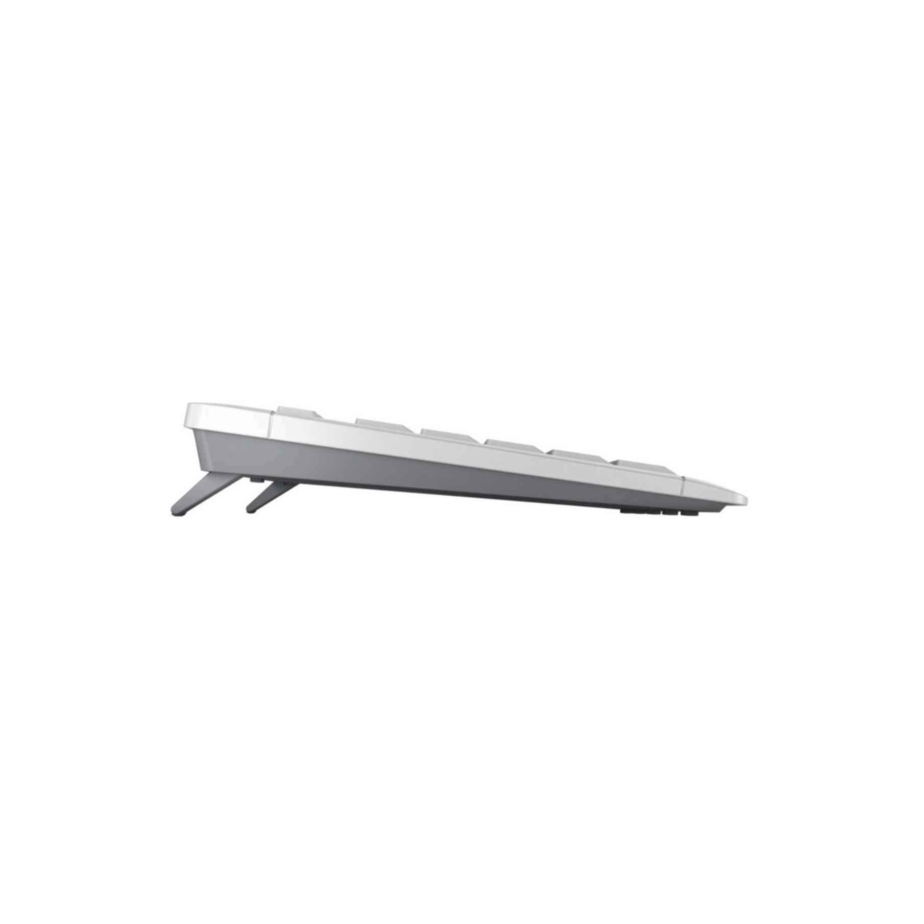 Vista laterale di una tastiera wireless con tasti bianchi, base grigia e due gambe di supporto, su sfondo bianco.