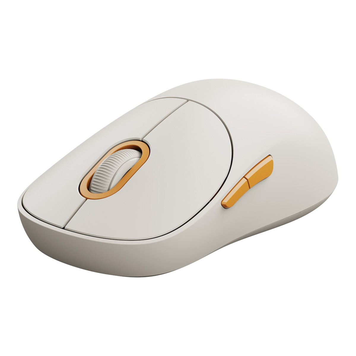 Une souris d'ordinateur blanche avec des accents orange. La molette de défilement et le bouton latéral sont oranges. La souris est sur un fond blanc.