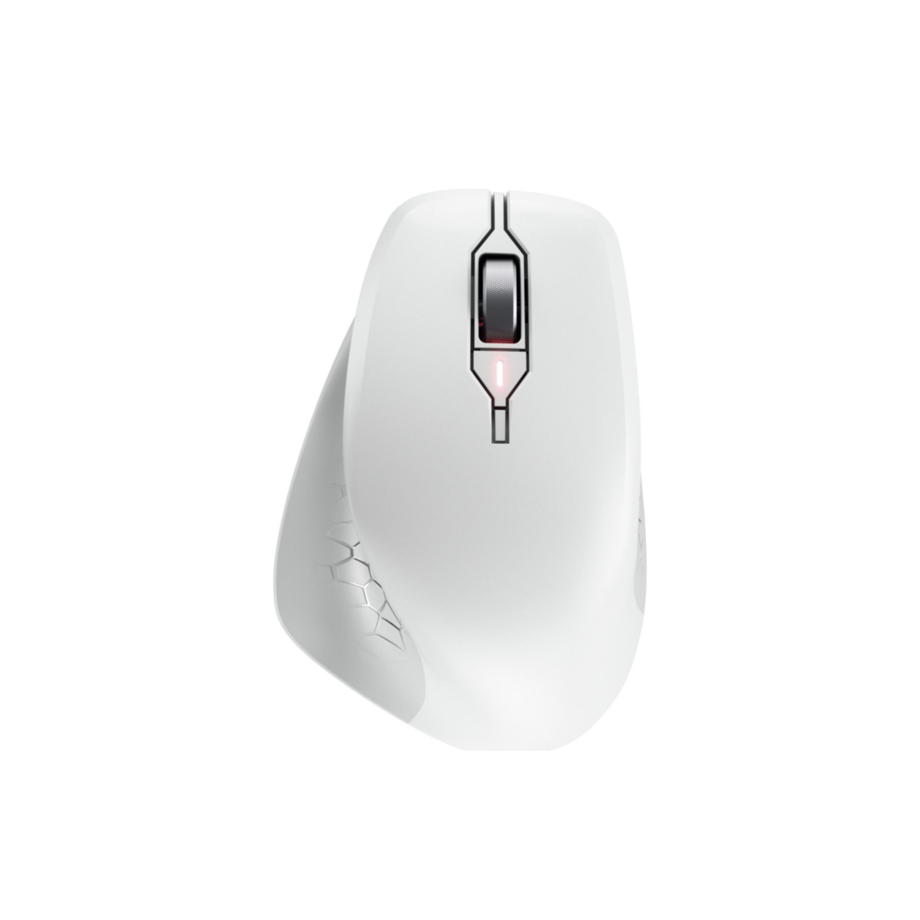 Un mouse per computer bianco ed ergonomico. Ha una rotellina e diversi pulsanti. Lo sfondo è bianco.