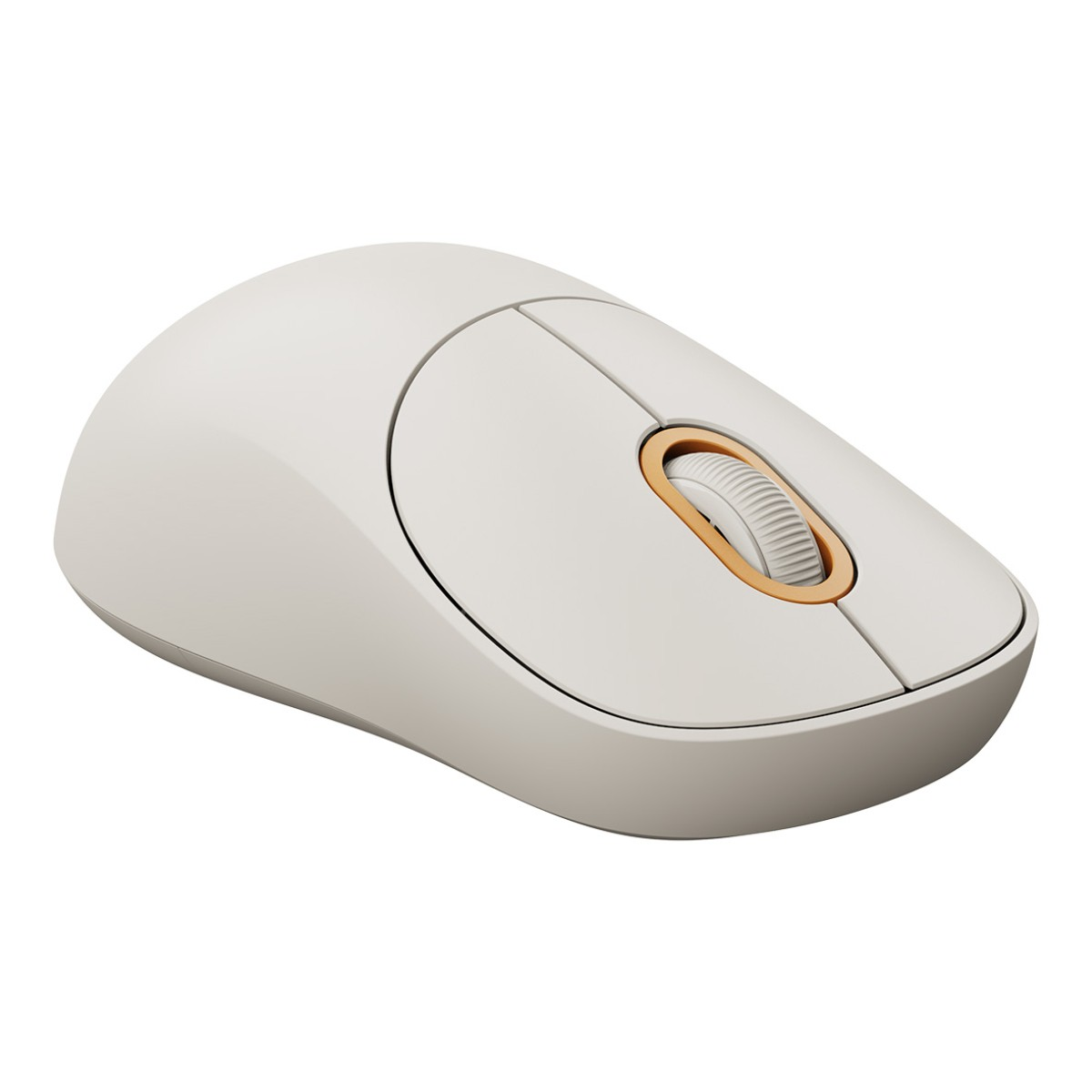 Une souris d'ordinateur sans fil gris clair. Elle possède une molette de défilement avec un cadre orange et une forme lisse et arrondie.