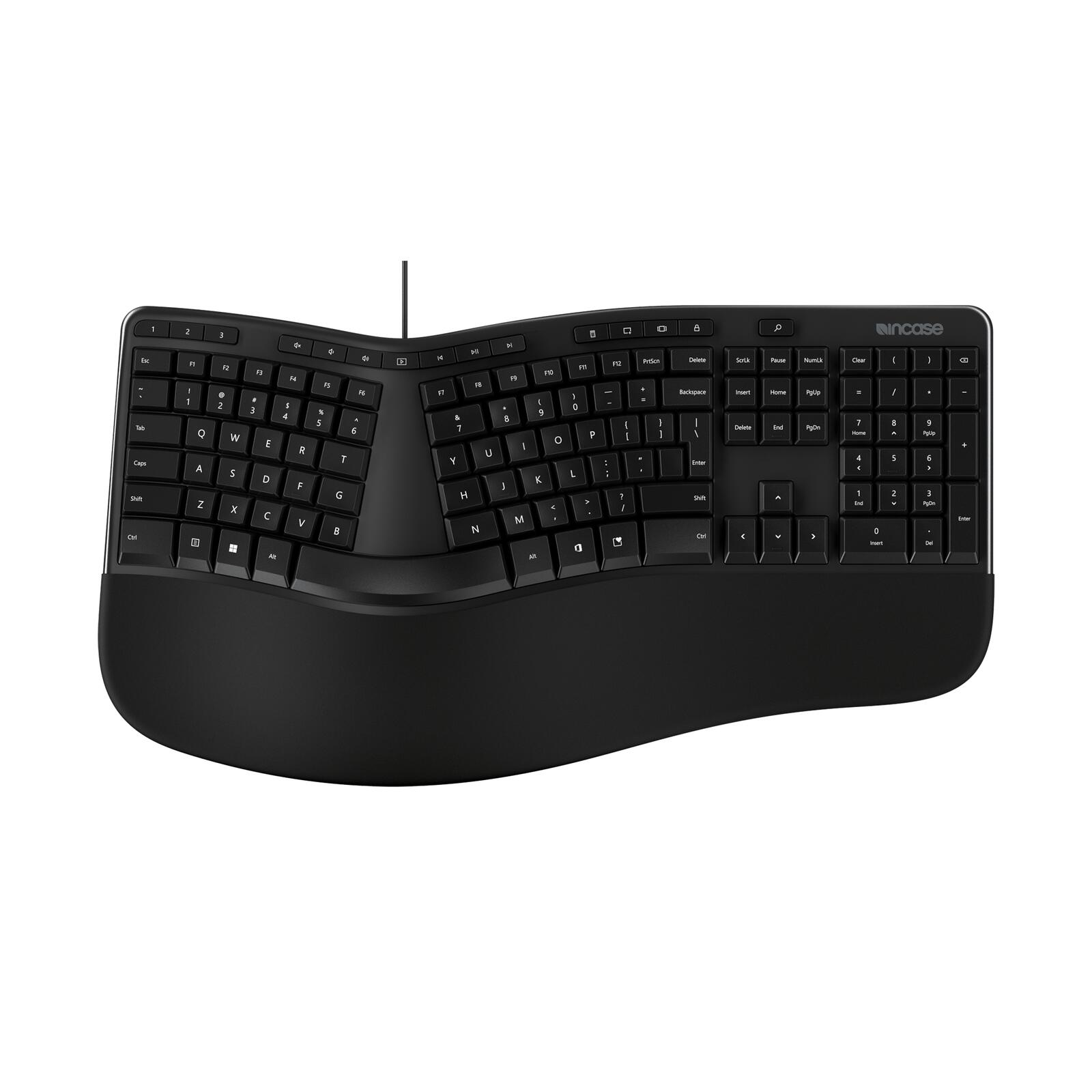Tastiera ergonomica nera con design curvo, tasti etichettati e poggiapolsi. Marchio: Incase.
