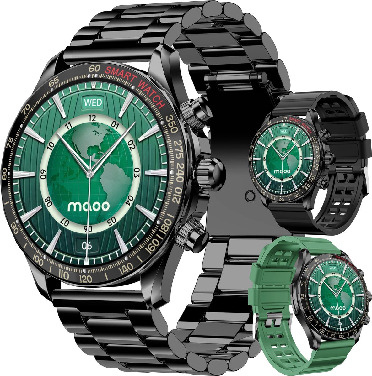 Tre smartwatch con quadranti verdi e cinturini neri o verdi. Uno mostra una mappa del mondo. Lo sfondo è scuro.