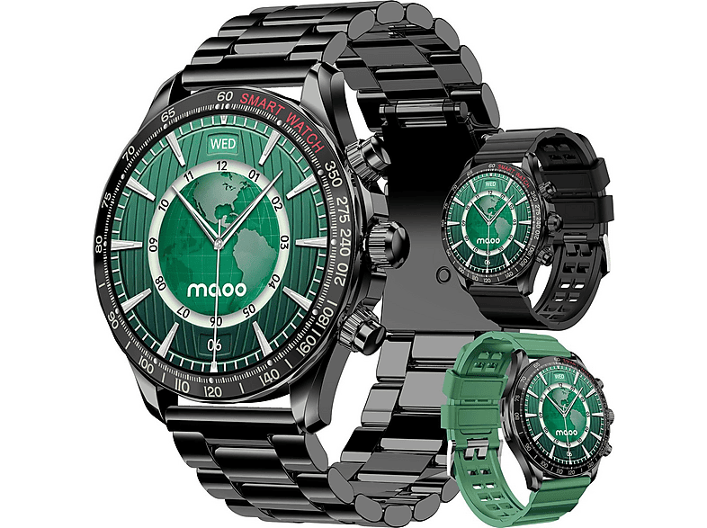 MAOO Titan Smartwatch Herren AMOLED Always-On Telefonieren Nachrichten Edelstahlarmband + 2 TPU-Armbänder, 22 mm, Schwarz; Grün