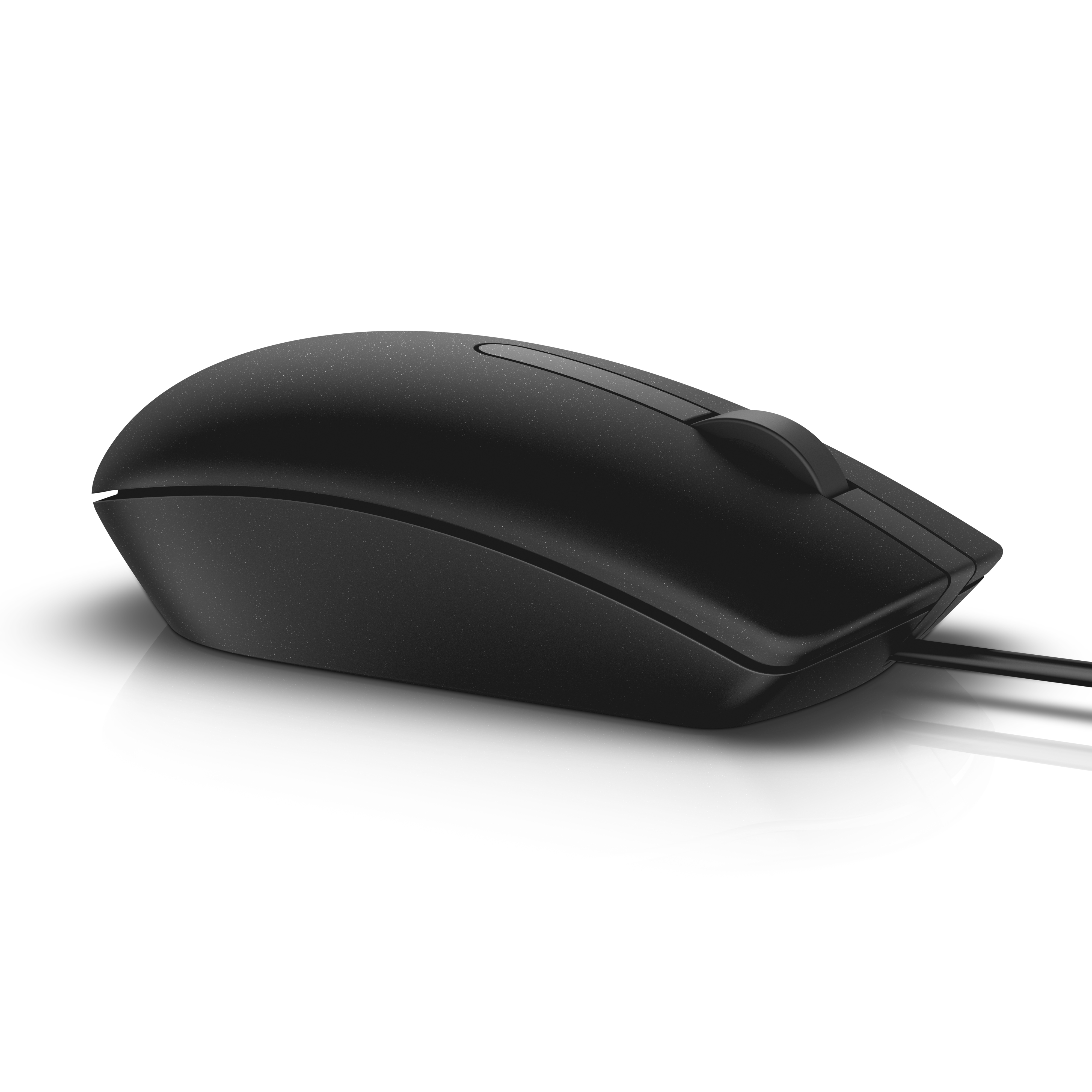 Un ratón de computadora negro sobre una superficie blanca. El ratón tiene dos botones y una rueda de desplazamiento. Un cable se extiende.