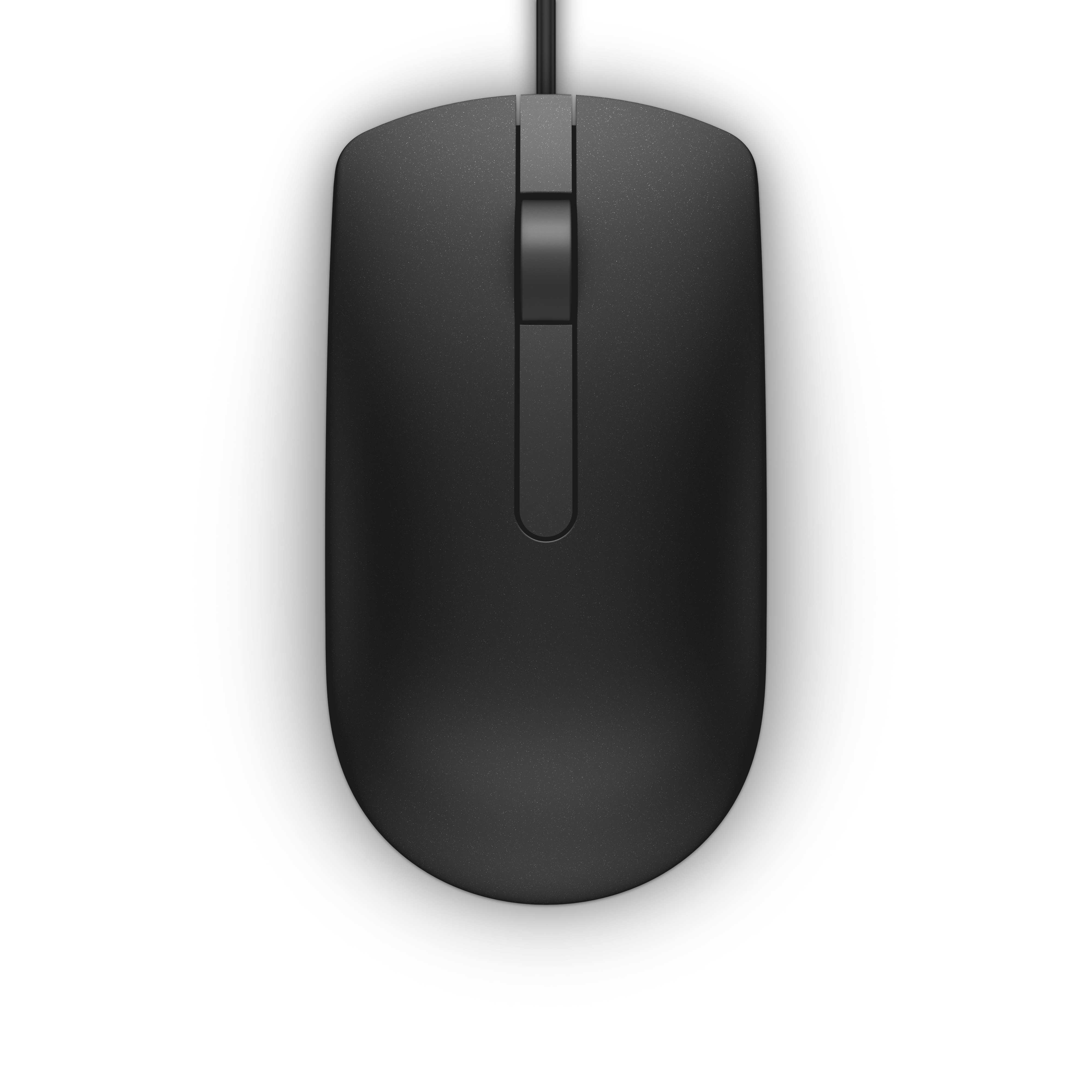 Vista superior de un ratón de ordenador Dell negro sobre fondo blanco. El ratón tiene un cable que se extiende hacia arriba.