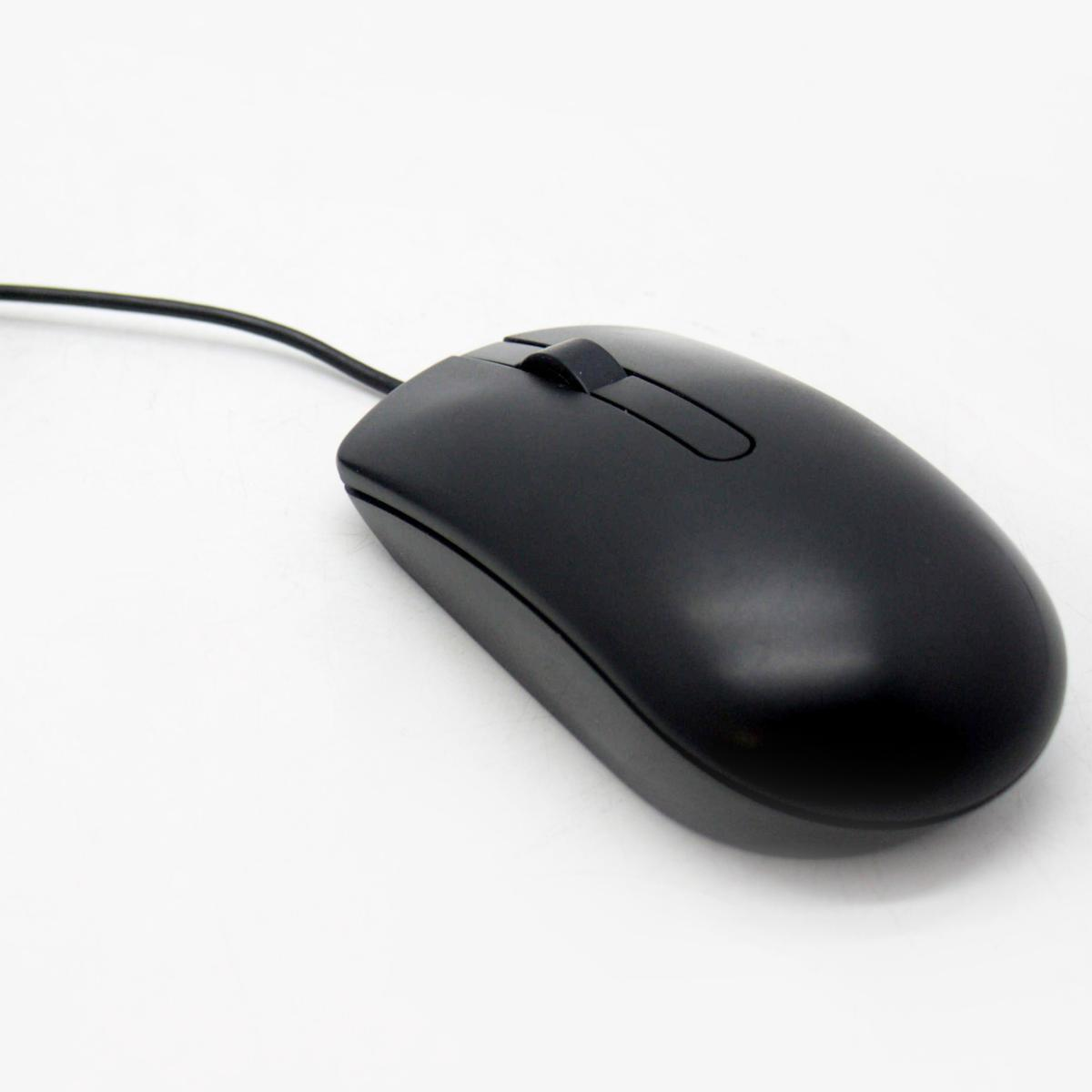Un ratón de ordenador negro con una rueda de desplazamiento, conectado por un cable negro, sobre una superficie blanca.