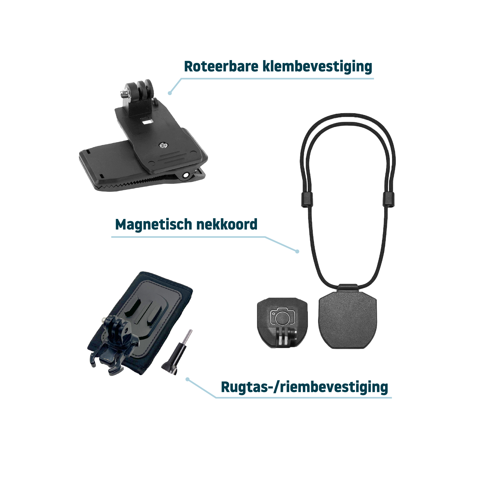 Image shows camera accessories: rotating clip, magnetic neck cord, and back/strap mount. All items are black against a white background.