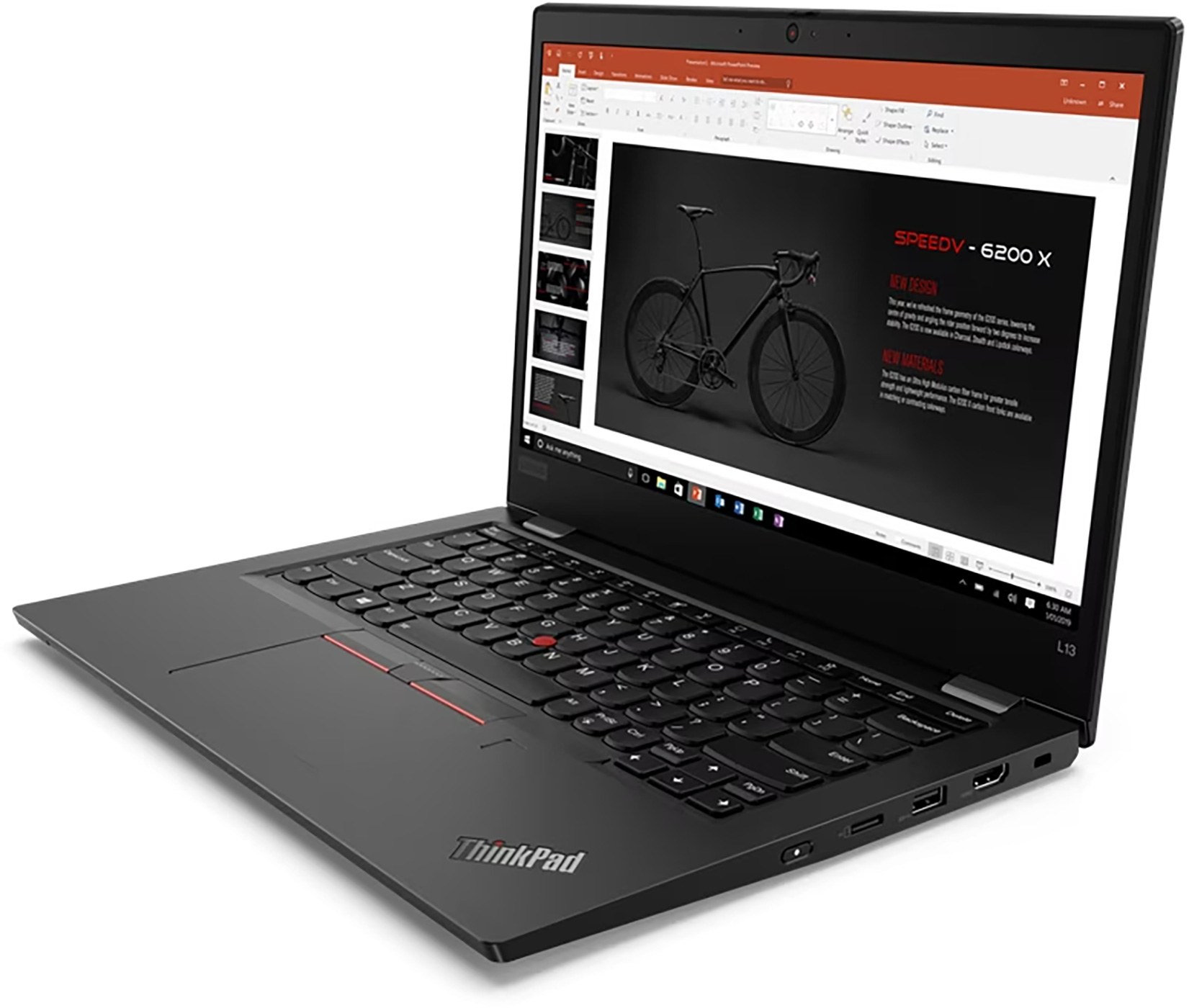 Black ThinkPad laptop displaying a presentation about a black bike. The screen is open, showing the keyboard and trackpad.