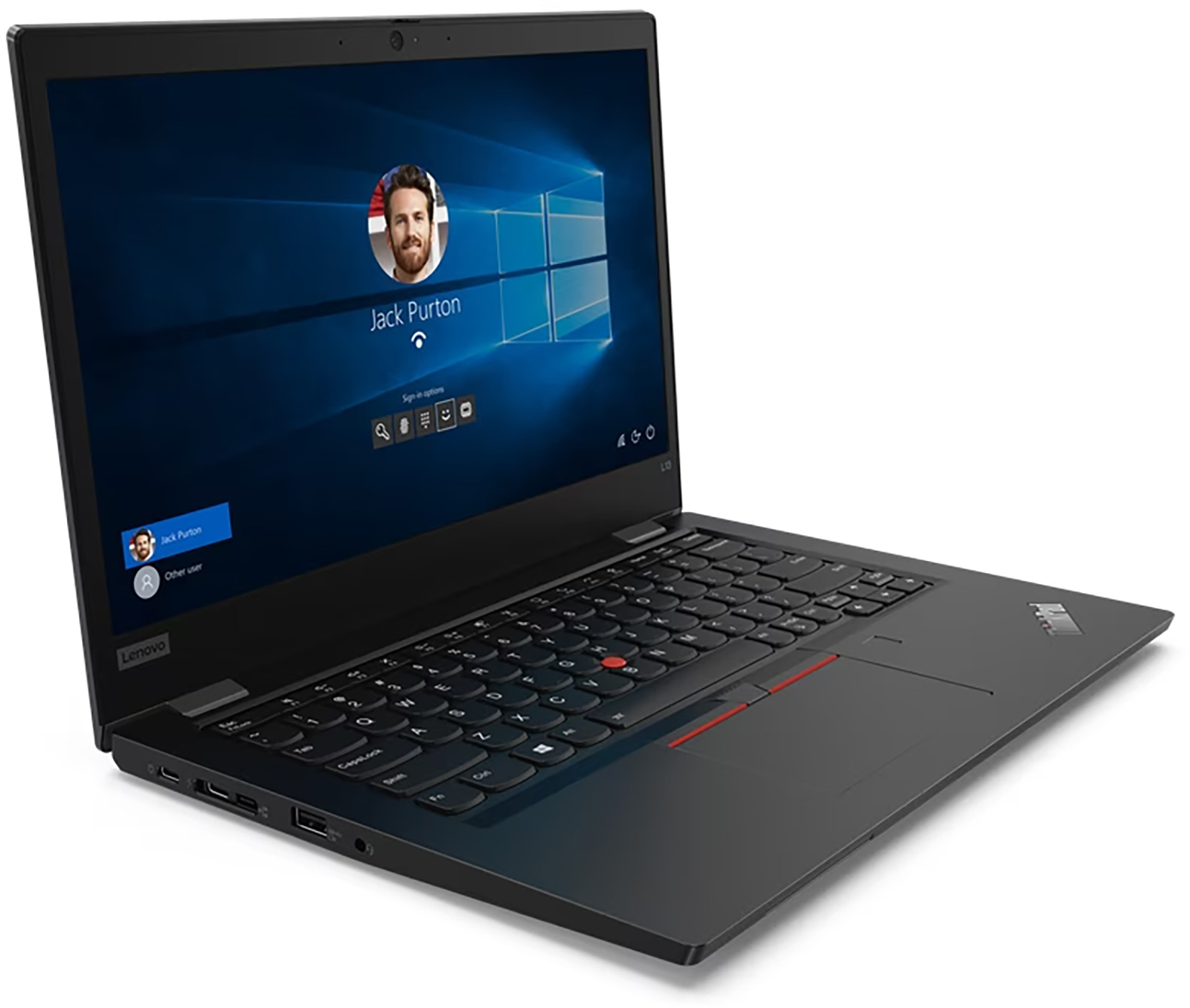Black Lenovo laptop open, displaying Windows login screen with a user's photo and name, Jack Purton. Keyboard visible.