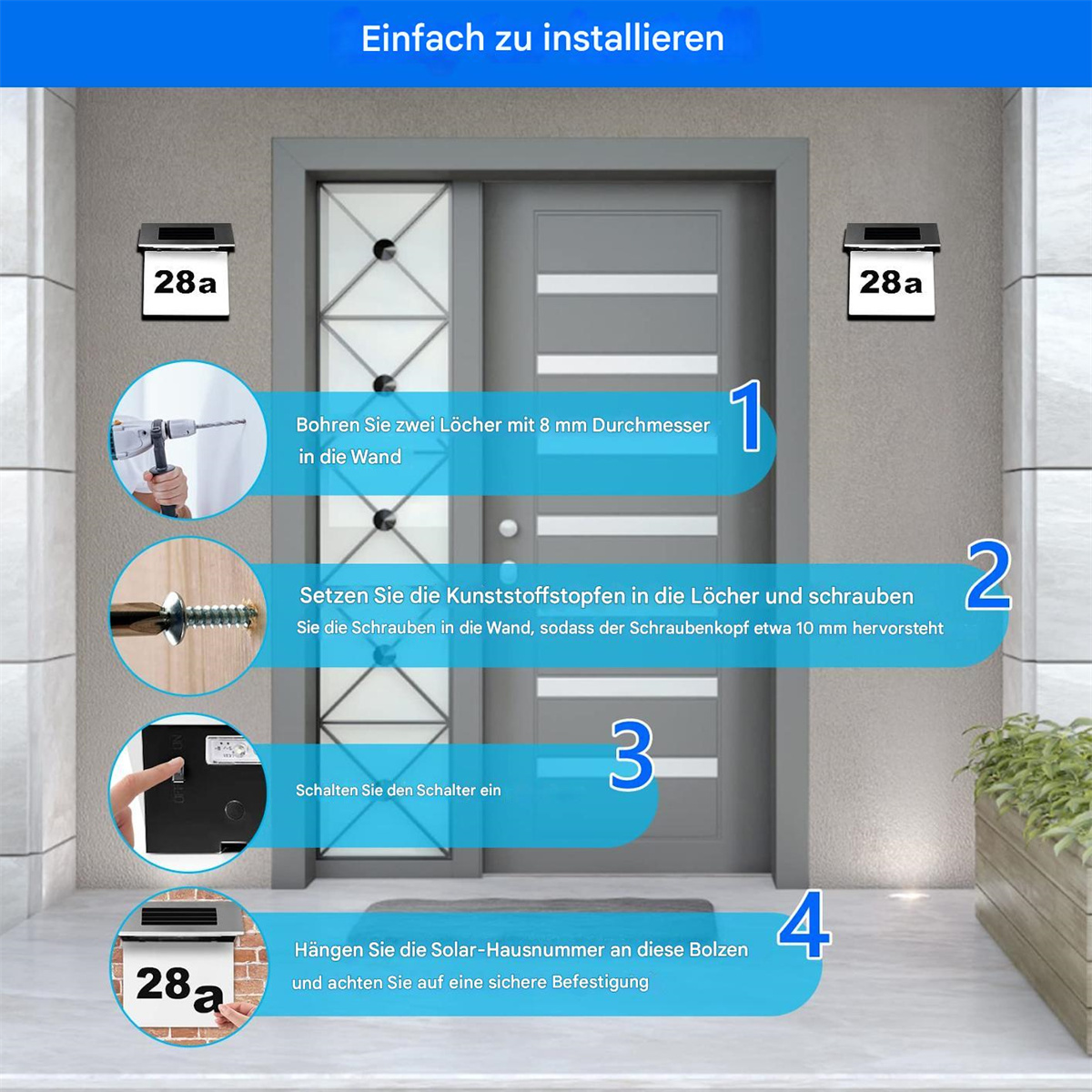 Anleitung zur Installation einer Hausnummer. Schritte umfassen Bohren, Schrauben, Einschalten und Montieren der Nummer.