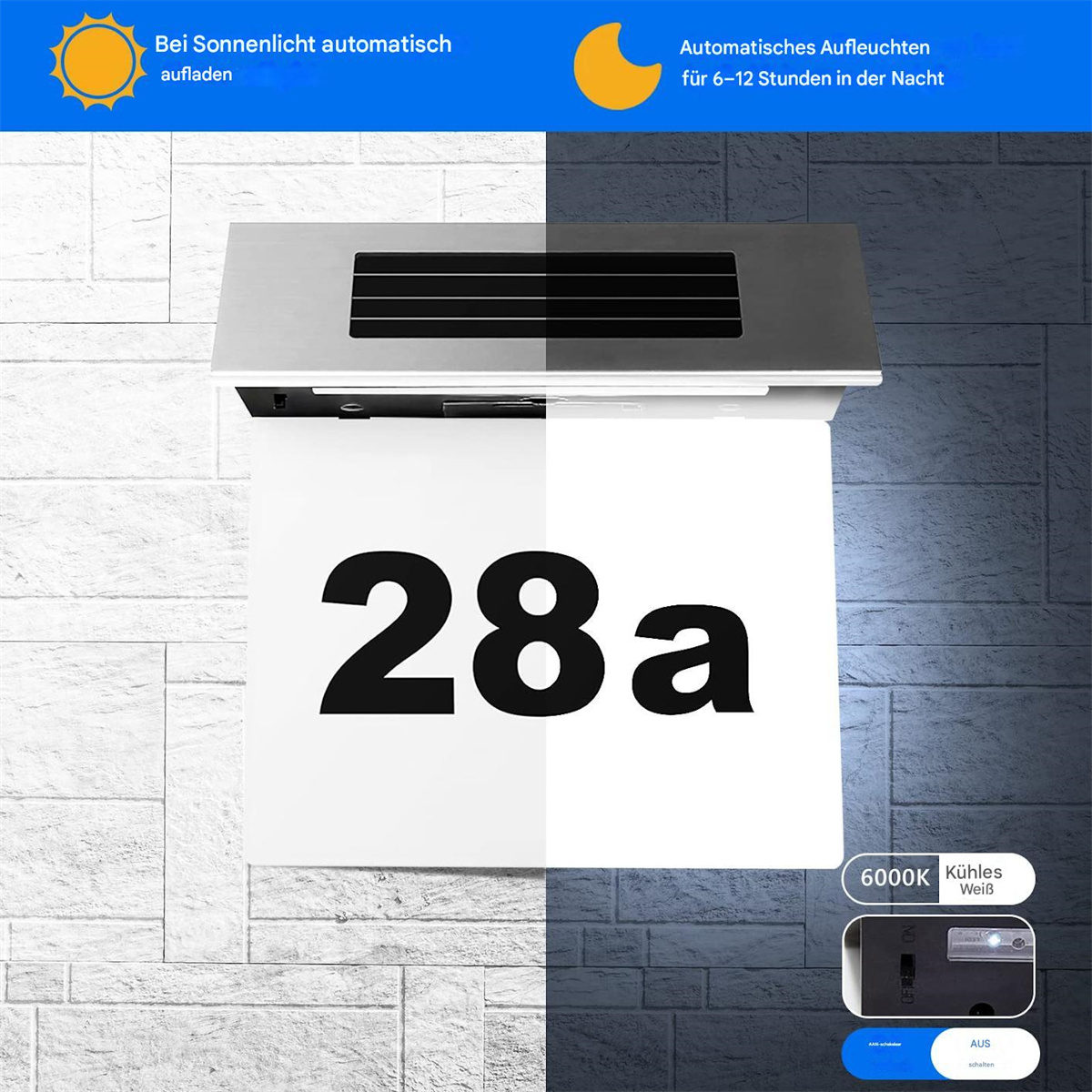 Ein geteiltes Bild mit einer solarbetriebenen Leuchte. Der Text '28a' ist prominent. Merkmale sind automatisches Aufladen und Beleuchtung.