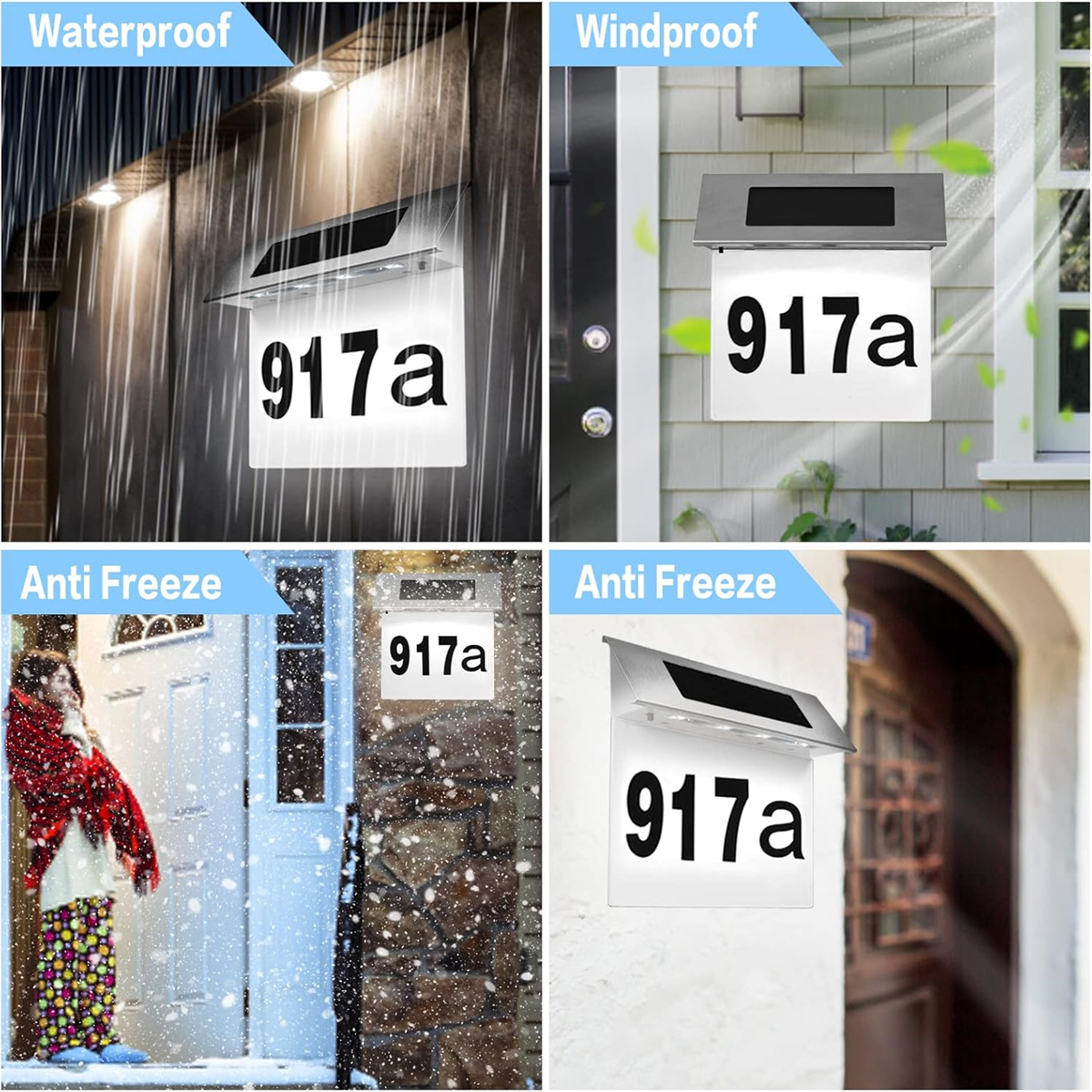 Vier Bilder zeigen das solarbetriebene Adressschild bei verschiedenen Wetterbedingungen: Regen, Wind und Schnee. Die Adresse lautet 917a.