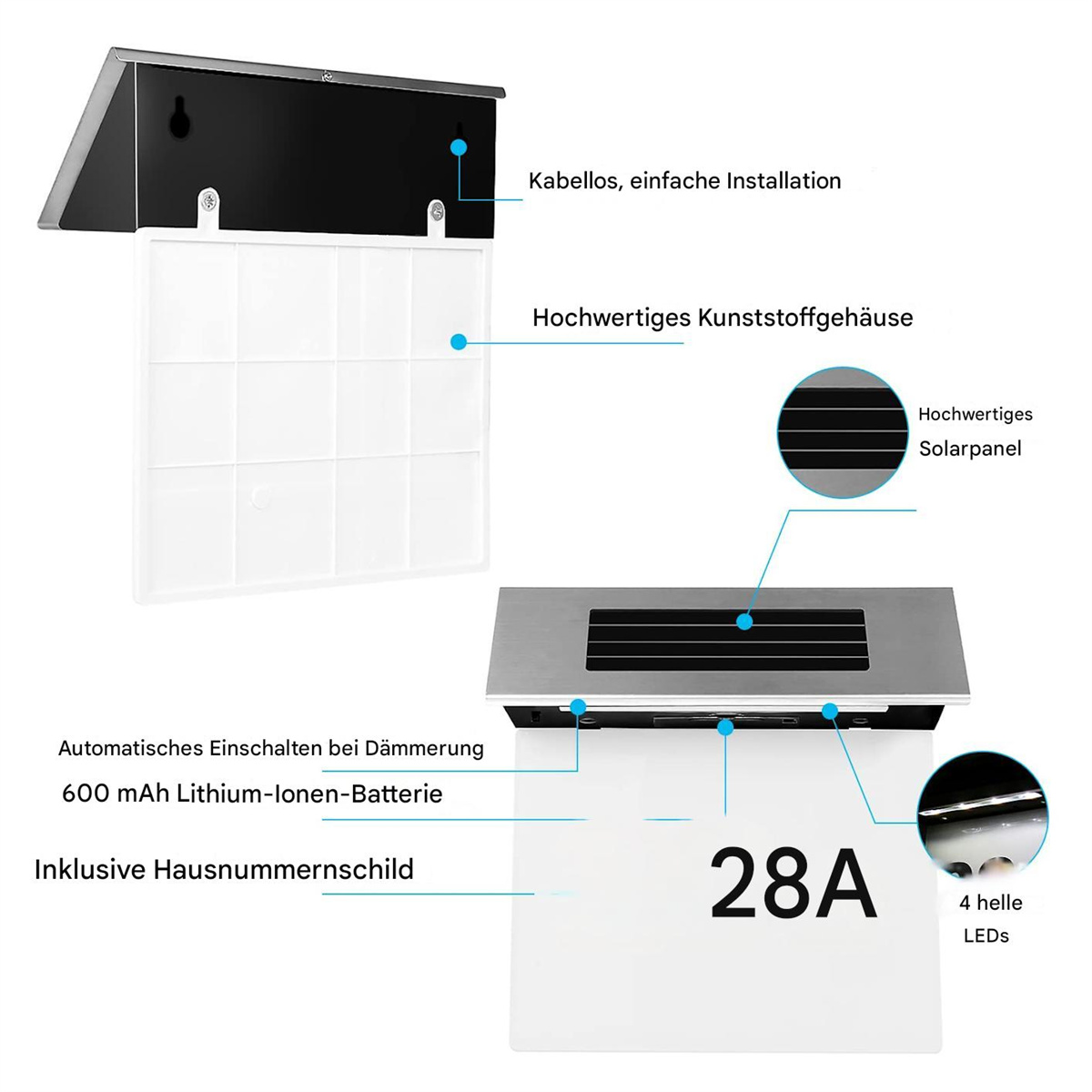 Solarbetriebenes Hausnummernschild, schwarz und silber, mit LEDs. Merkmale: Batterie, hochwertige Materialien und einfache Installation.