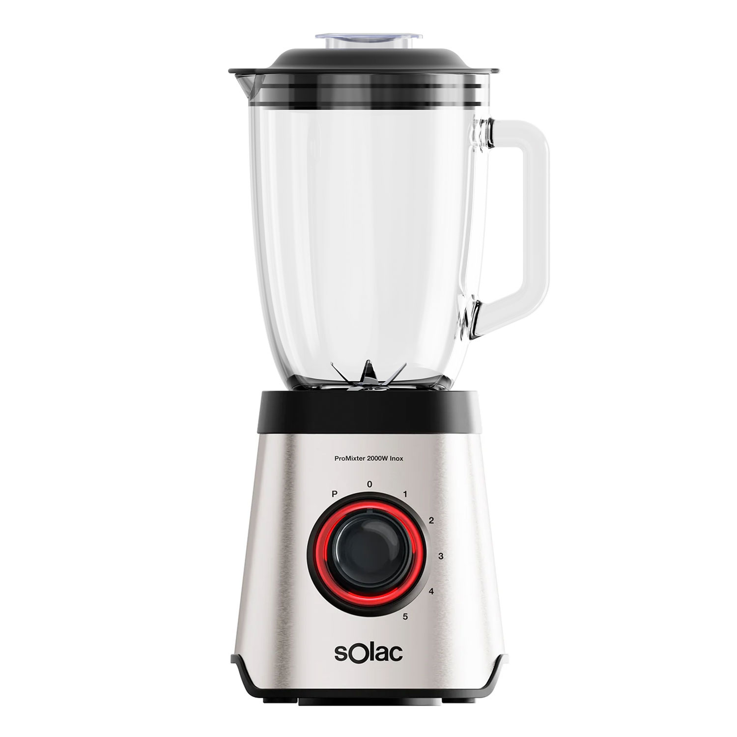 Ein Edelstahl-Mixer mit Glaskrug und schwarzem Deckel, Griff und Bedienrad mit rotem Licht. Der Markenname 'solac' ist sichtbar.