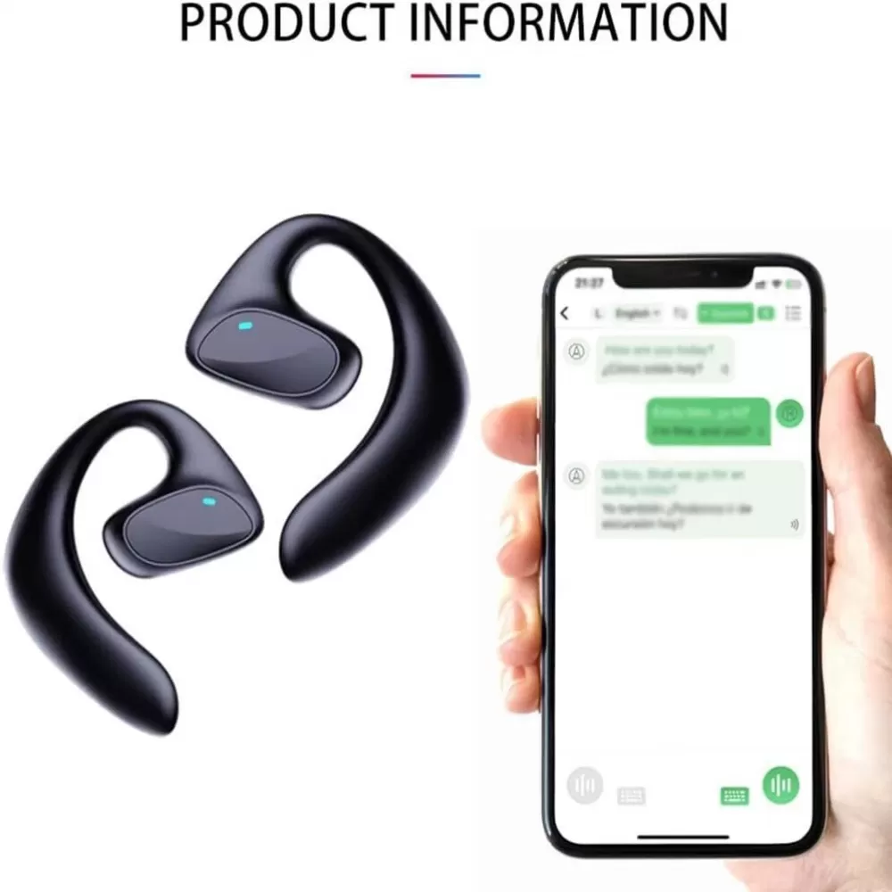 Schwarze kabellose Ohrhaken und ein Smartphone, das einen Chat mit grünen Sprechblasen anzeigt, gehalten von einer Hand.